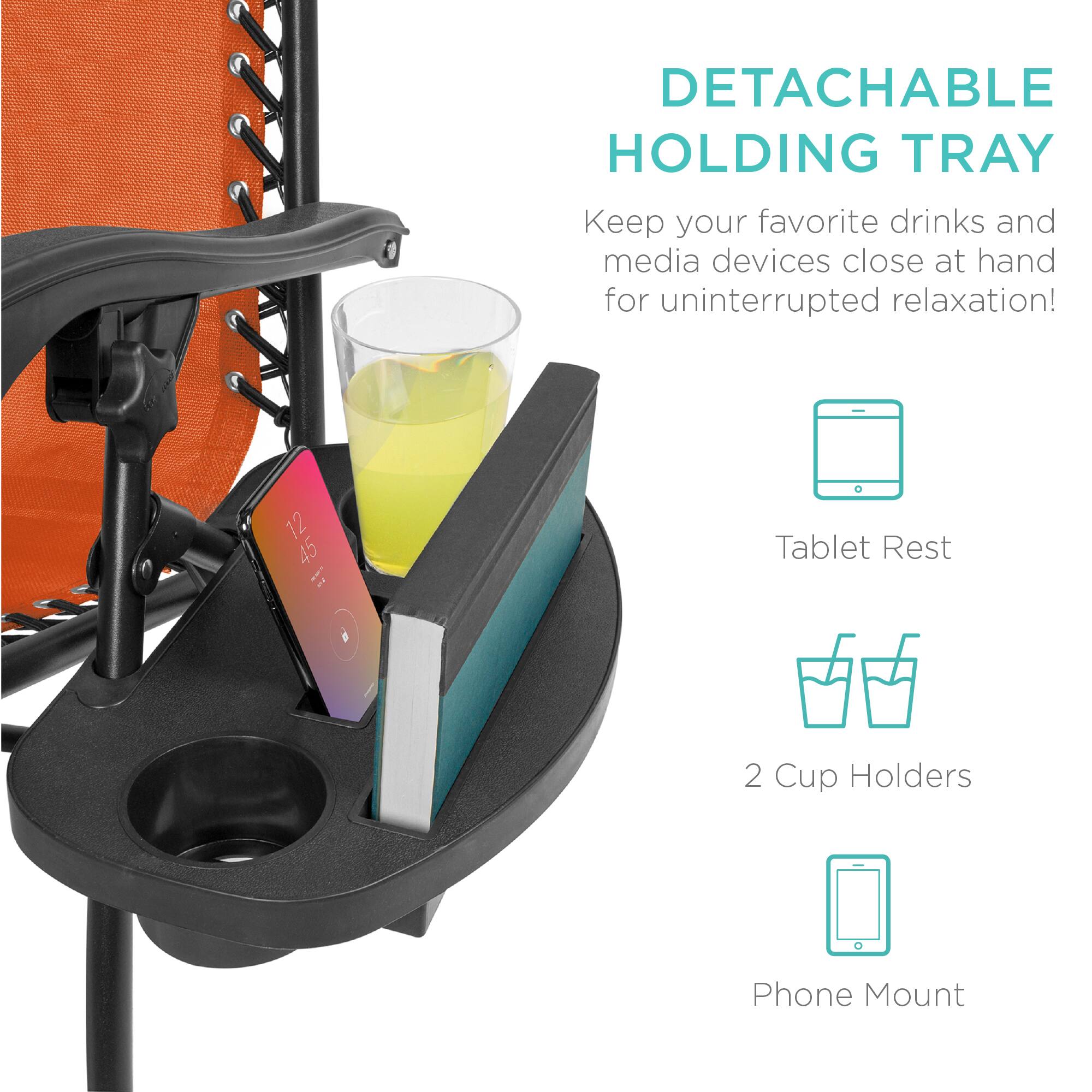 DETACHABLE HOLDING TRAY  
Keep your favorite drinks and media devices close at hand for uninterrupted relaxation!  

- Tablet Rest  
- 2 Cup Holders  
- Phone Mount