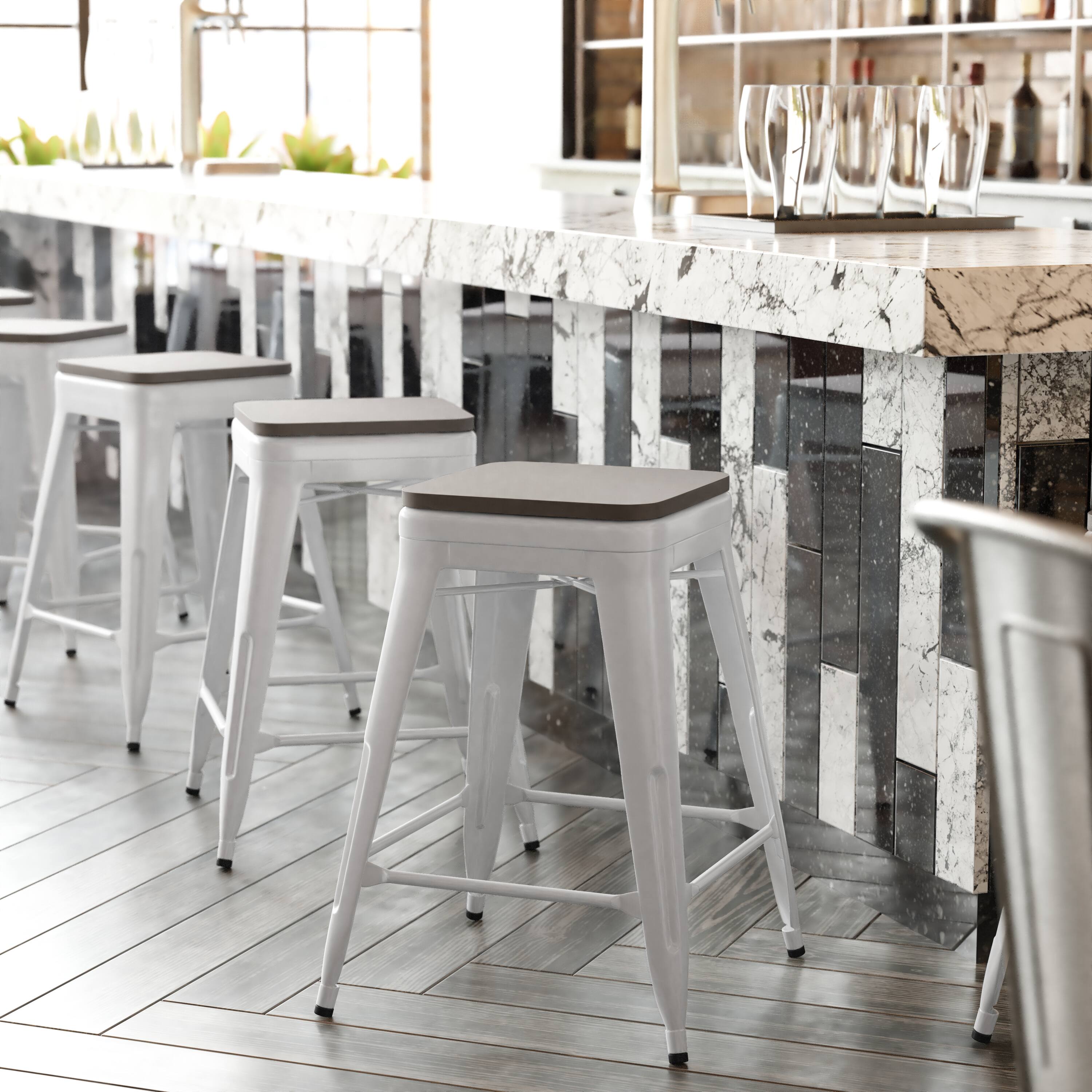 Alt View 1. Emma + Oliver - Kam Backless Metal Indoor-Outdoor Stool with All-Weather Polystyrene Seat - Gray Seat/White Frame.