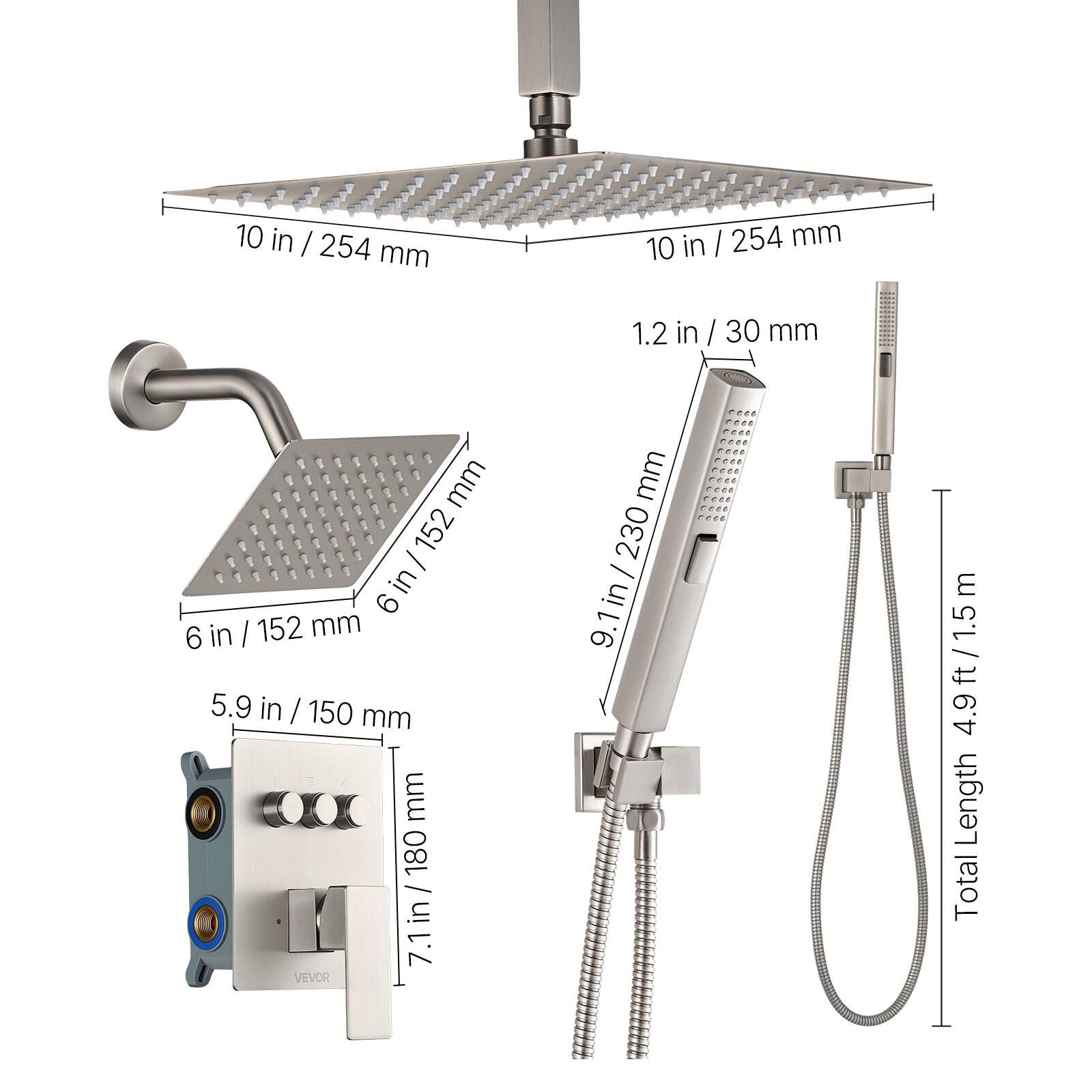 - 10 in / 254 mm
- 6 in / 152 mm
- 1.2 in / 30 mm
- 5.9 in / 150 mm
- 7.1 in / 180 mm
- 9.1 in / 4.9 ft / 1.5 m
- Total Length: 4.9 ft / 1.5 m