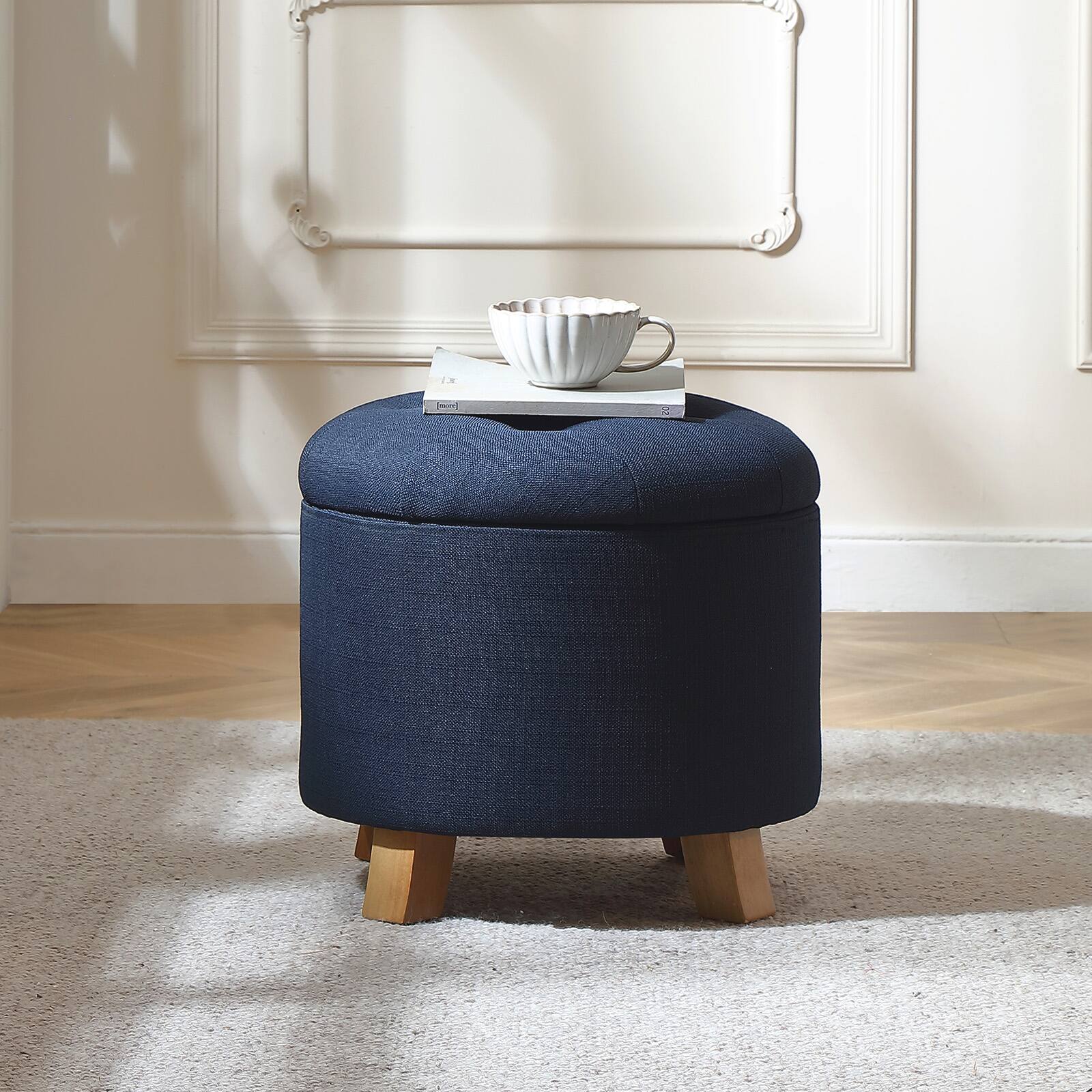 Left. Pinmoco - Round Tufted Faux Linen Ottoman with Removable Lid and Footrest Stool - Blue.