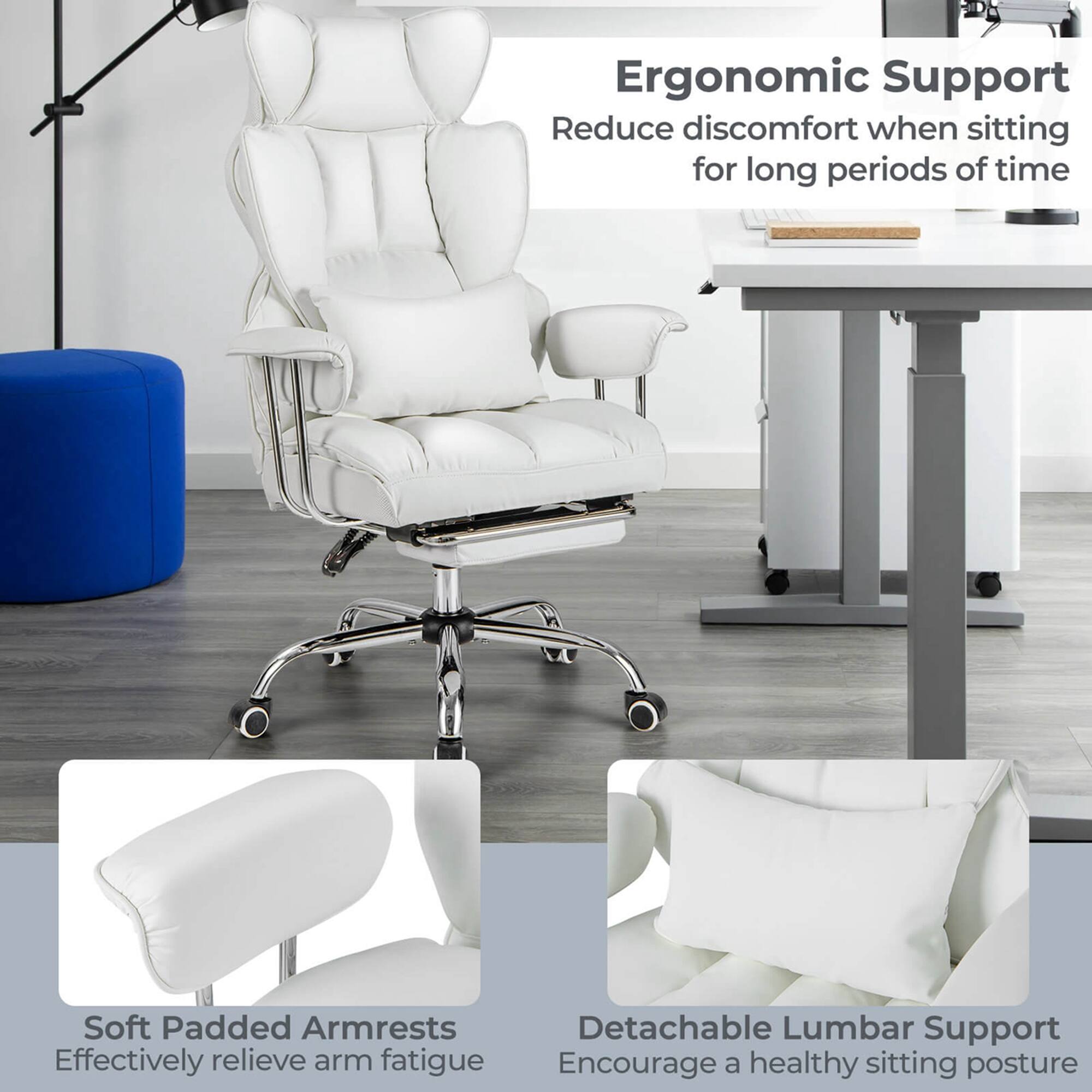 Ergonomic Support: Reduce discomfort when sitting for long periods of time. Soft Padded Armrests: Detachable Lumbar Support: Effectively relieve arm fatigue. Encourage a healthy sitting posture.