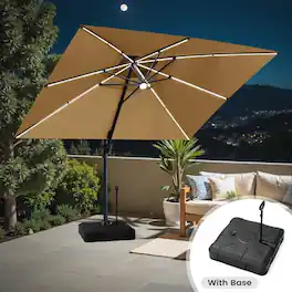 Crestlive Products - 13' Patio Offset Cantilever Umbrella 2-Tier Top With Solar-Lighted Strips 350lbs Rod Wheel Base - tan