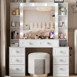 LUCKY ONE - Vanity Desk with Lighted Mirror, Charging Station, 7 Drawers and Open Shelves for Bedroom - White