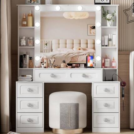 Front. LUCKY ONE - Vanity Desk with Lighted Mirror, Charging Station, 7 Drawers and Open Shelves for Bedroom - White.