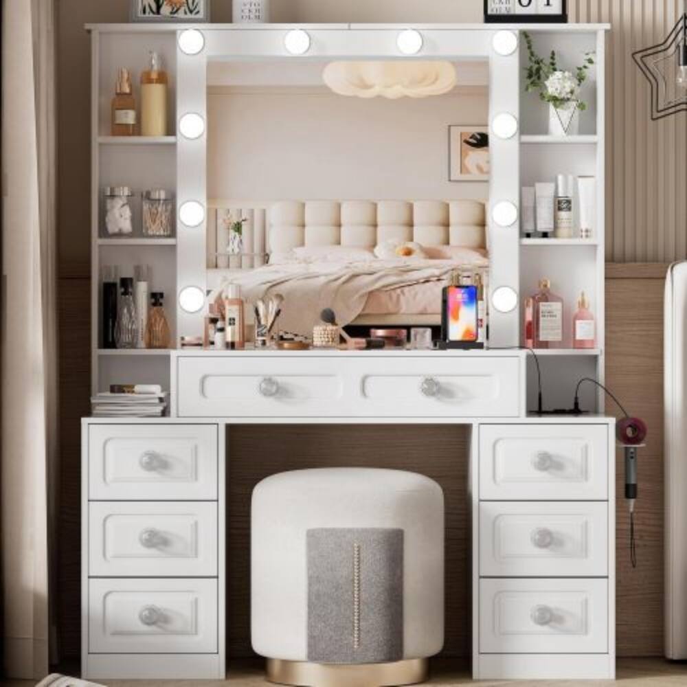 Front. LUCKY ONE - Vanity Desk with Lighted Mirror, Charging Station, 7 Drawers and Open Shelves for Bedroom - White.