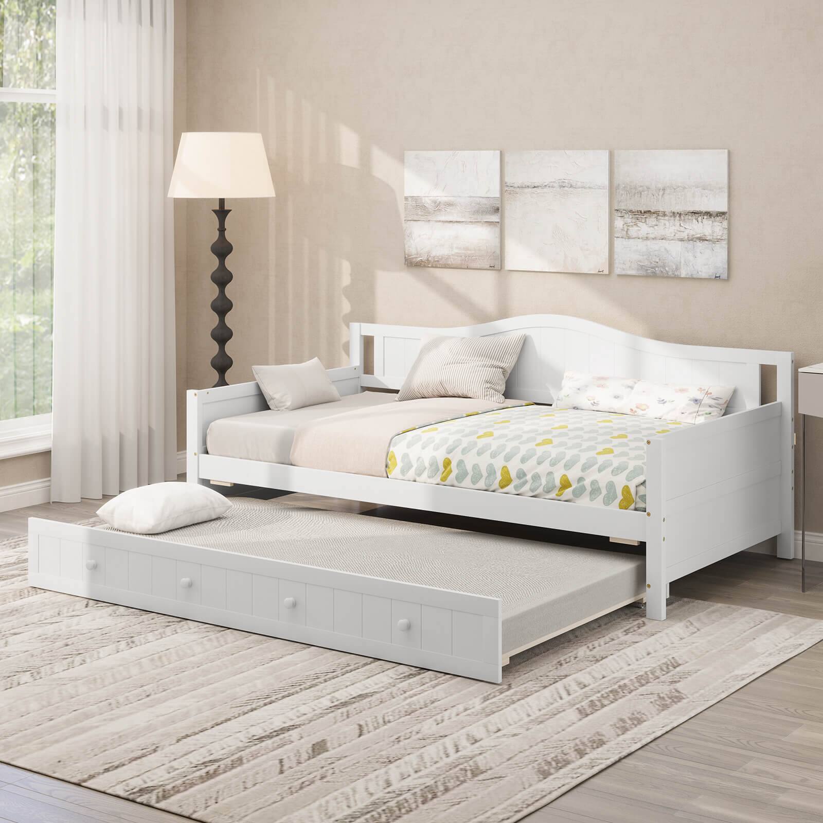Alt View 4. Costway - Costway Twin Size Daybed with Trundle Solid Wood Sofa Bed with Slats Support Guest Bed White - White.
