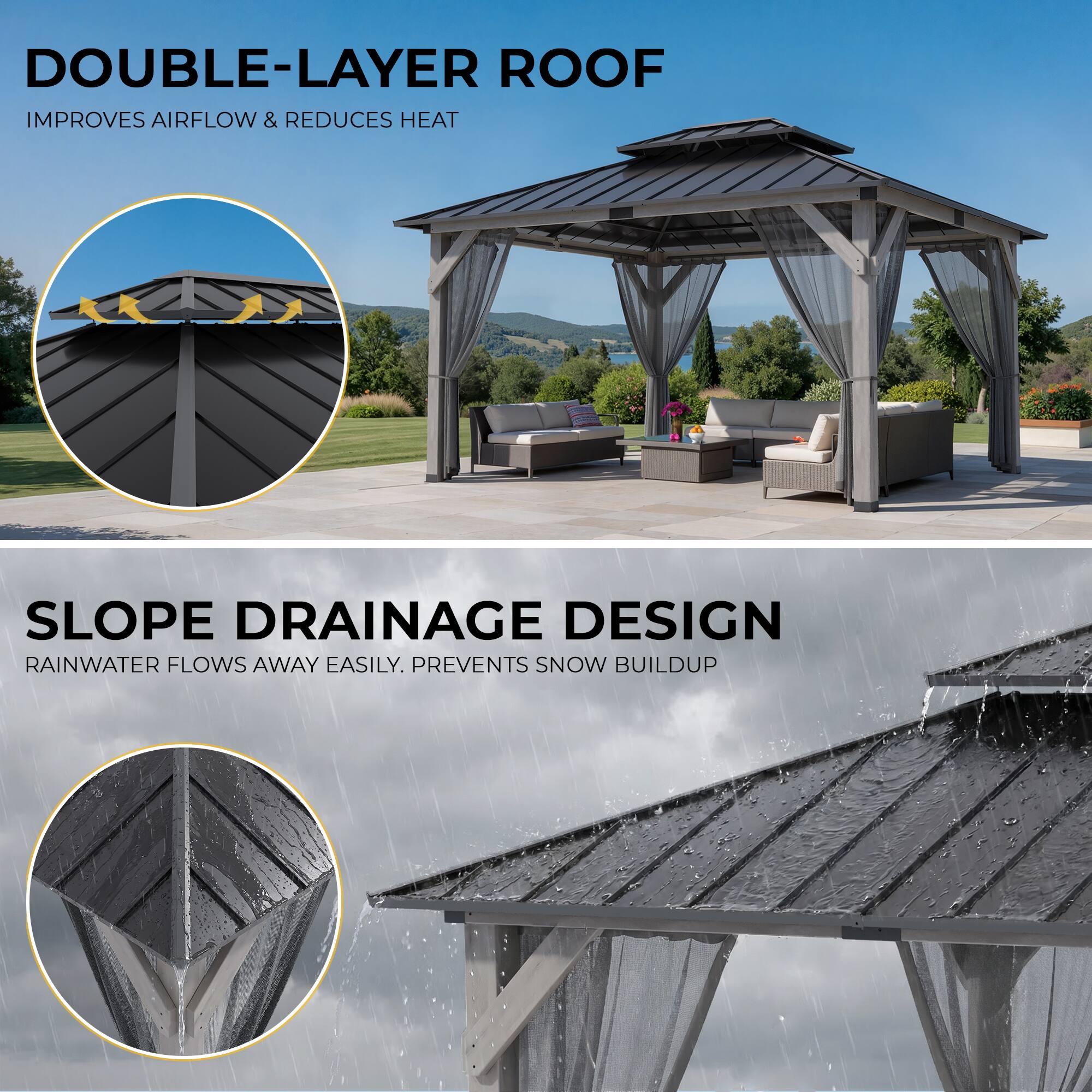DOUBLE-LAYER ROOF IMPROVES AIRFLOW & REDUCES HEAT

SLOPE DRAINAGE DESIGN
RAINWATER FLOWS AWAY EASILY. PREVENTS SNOW BUILDUP