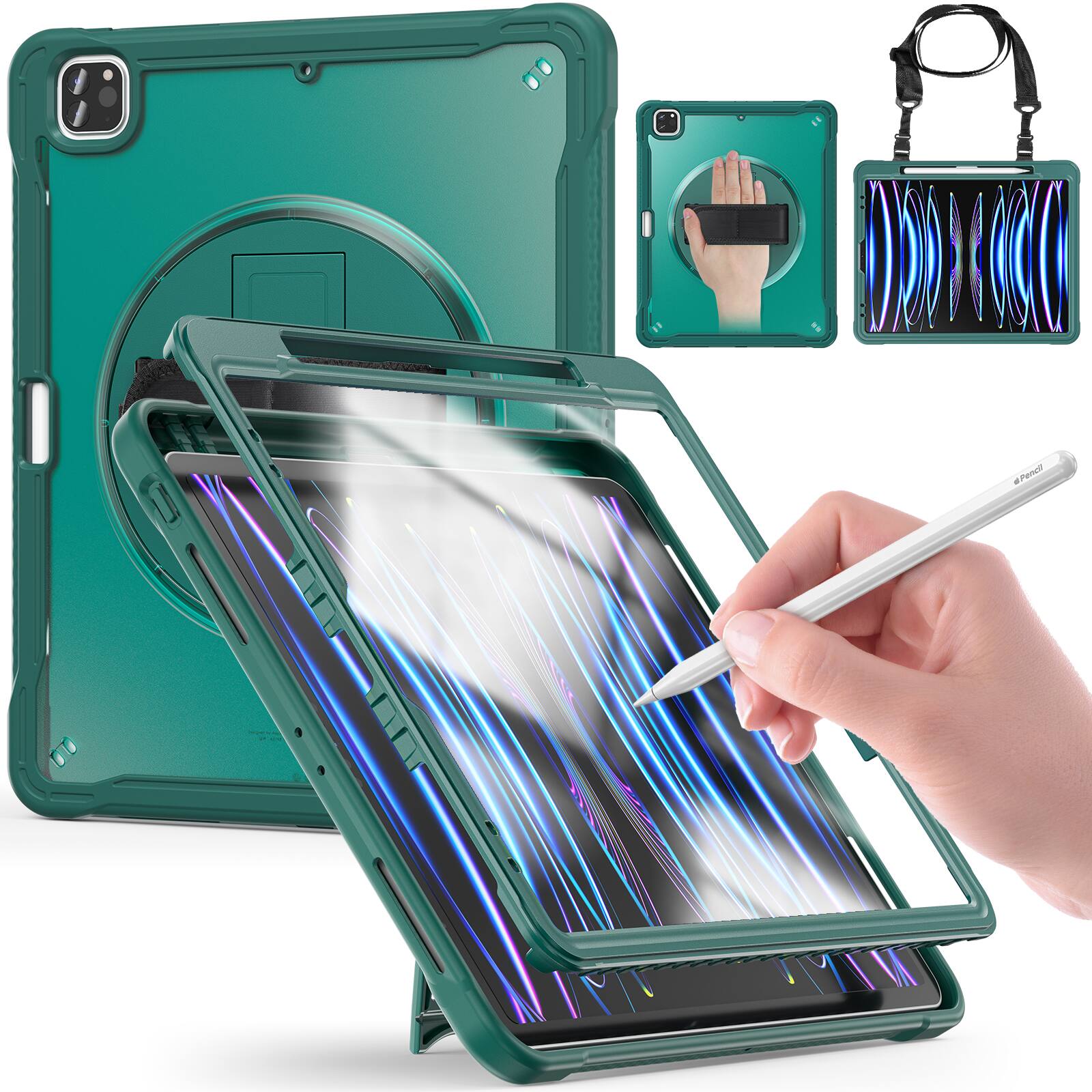 Alt View 7. Dteck - Rugged Case for Apple iPad Pro 12.9" Built-in Screen Protector, Shockproof Stand Cover with Shoulder Strap Handle Grip - Darkgreen.