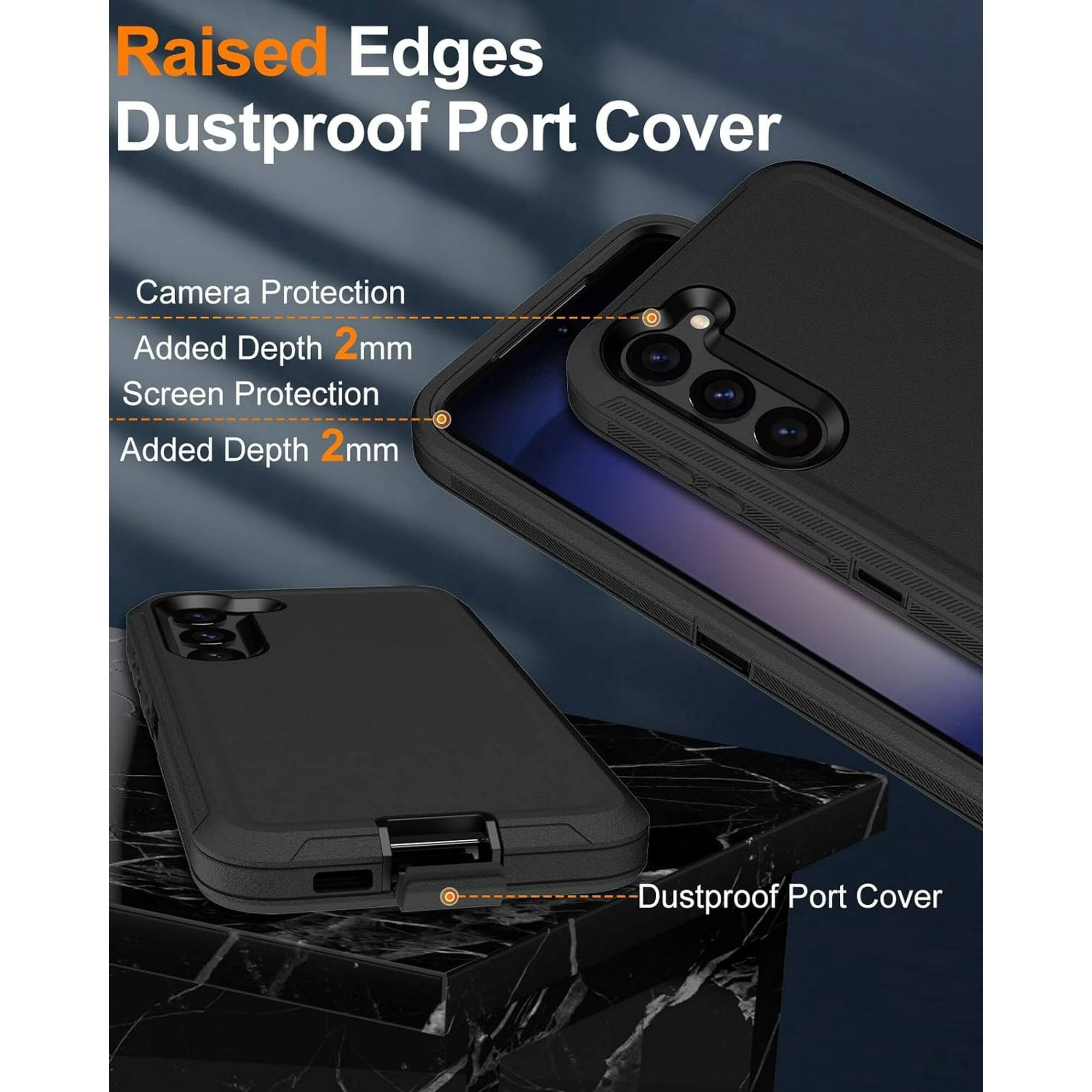 Raised Edges, Dustproof Port Cover, Camera Protection, Added Depth 2mm, Screen Protection, Added Depth 2mm, Dustproof Port Cover