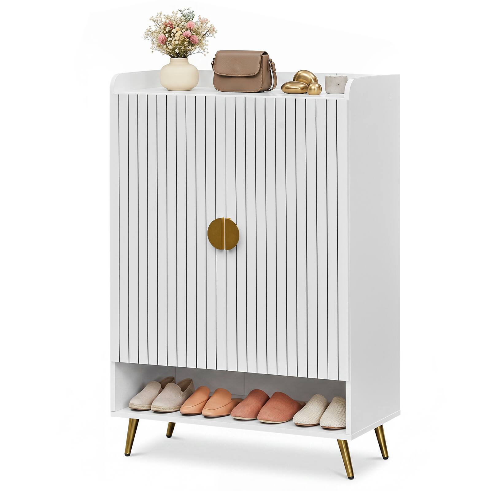 Alt View 1. Costway - Costway 44" 7-Tier Tall Shoe Storage Cabinet with Doors, Adjustable Shelves & Metal Legs - White.