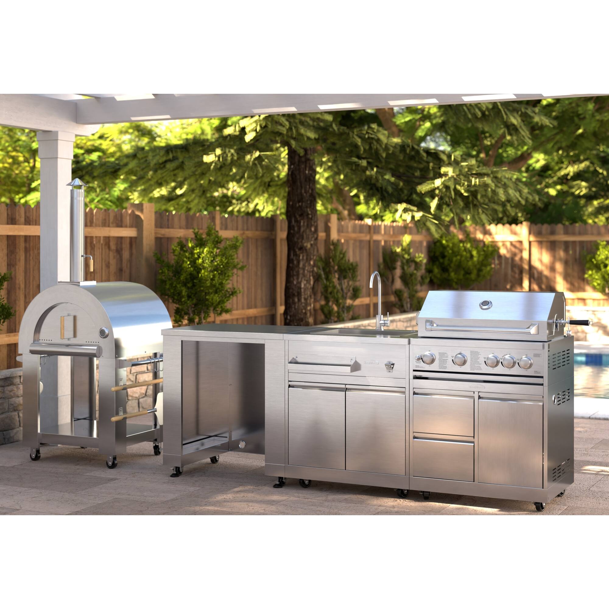 Left. Koolmore - Outdoor Modular Kitchen with a Wood Fire Pizza Oven, Refrigerator and Cabinet, Sink, 30 in. BBQ Grill and Grill Cabinet - Stainless Steel.