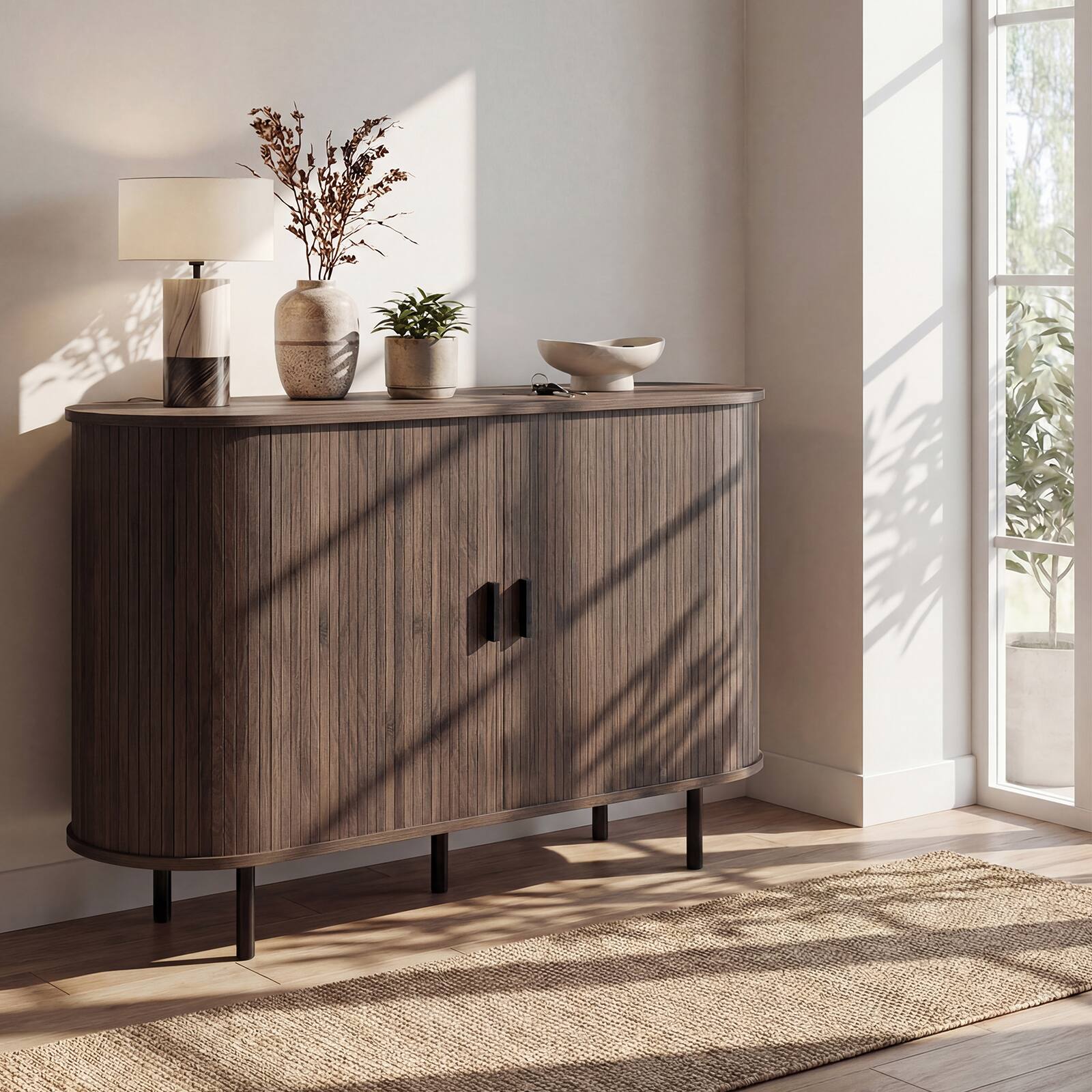 Alt View 3. Costway - Costway 47" Fluted Sideboard Buffet Cabinet Coffee Bar Console Table with Metal Legs - Brown.