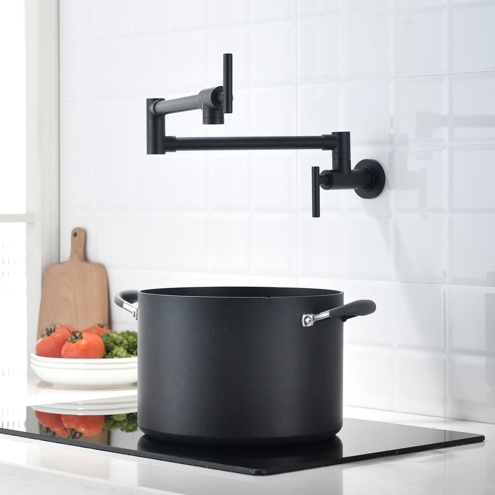 Left. Siljoy - Brass Pot Filler Wall Mount Commercial Faucet Kitchen Coffee Machine Folding Faucet with Stretchable Joint Swing Arms - Black.