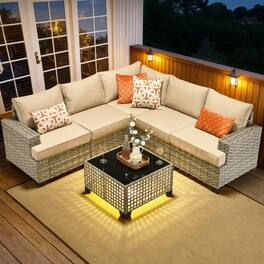Ovios - 6 PCS Patio Sectional Furniture, Rattan Wicker Conversation Couch Set with Coffee Table - Beige