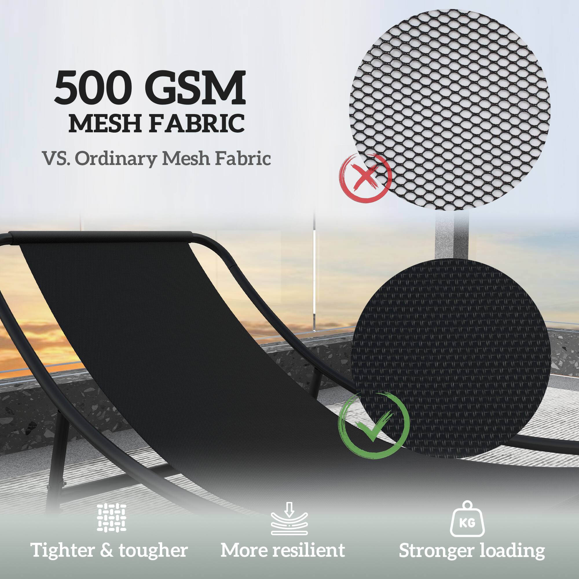500 GSM MESH FABRIC VS. Ordinary Mesh Fabric
Tighter & tougher
More resilient
Stronger loading