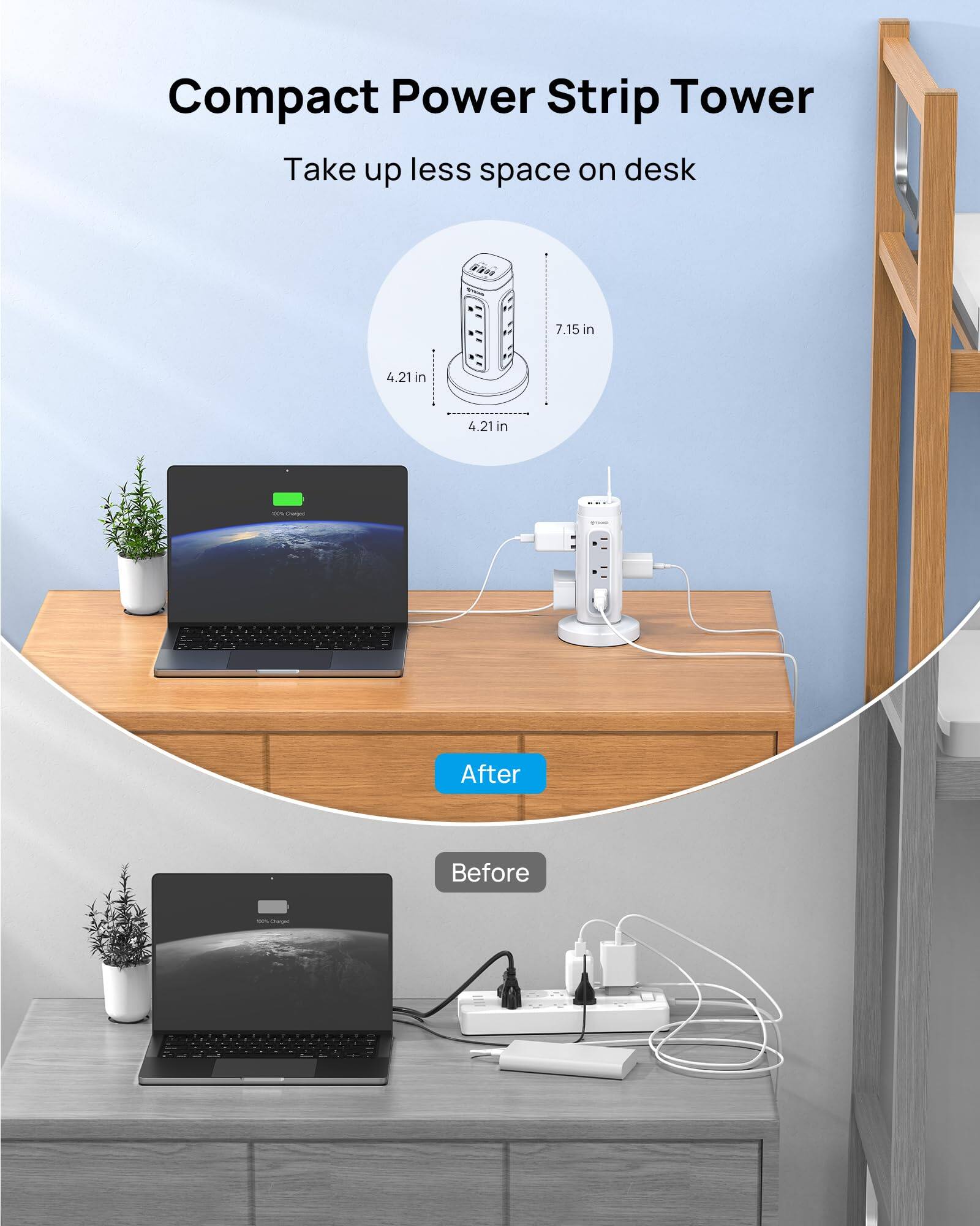 Compact Power Strip Tower  
Take up less space on desk  

7.15 in  
4.21 in  
4.21 in  

After  
Before