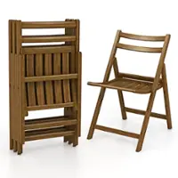 Costway Folding Dining Chair Set of 4 with Rubber Wood Frame Slatted Seat Curved Backrest - Brown - Front_Zoom