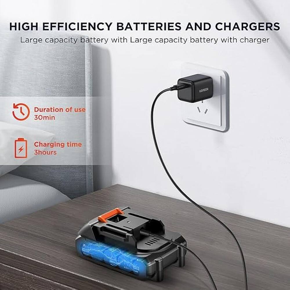 HIGH EFFICIENCY BATTERIES AND CHARGERS  
Large capacity battery with charger  

- Duration of use: 30min  
- Charging time: 3 hours