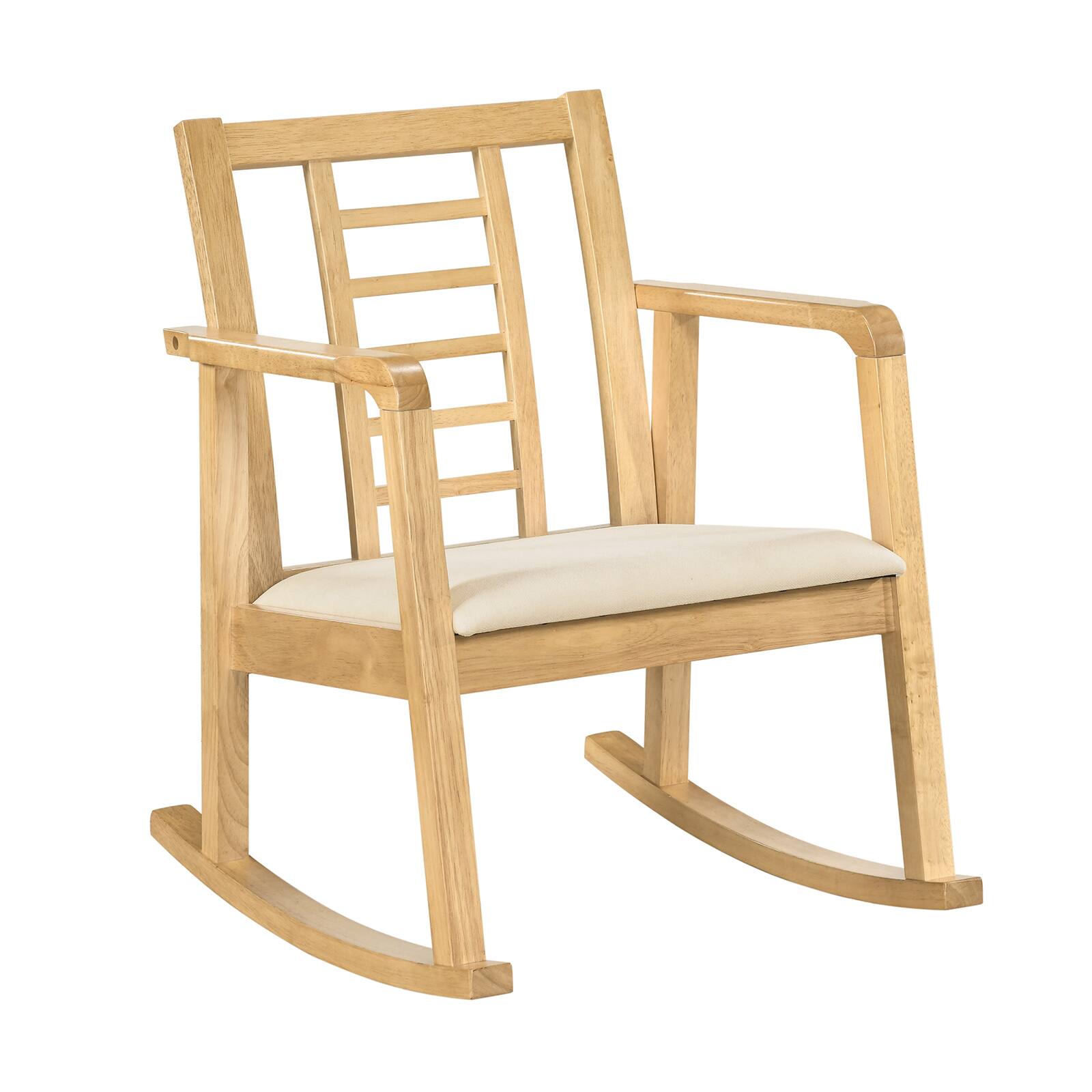 Alt View 9. Costway - Costway 1 PCS Wooden Rocking Chair 400 LBS Solid Rubber Wood Rocker with Fabric Upholstered Seat - Natural and Beige.