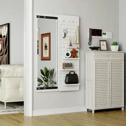 Front. Kadyn - 47.6"x15.7" Wall-Mounted Full Length Mirror with Shelf & Hook, Practical Decor for Bedroom/Living Room/Entrance, White.