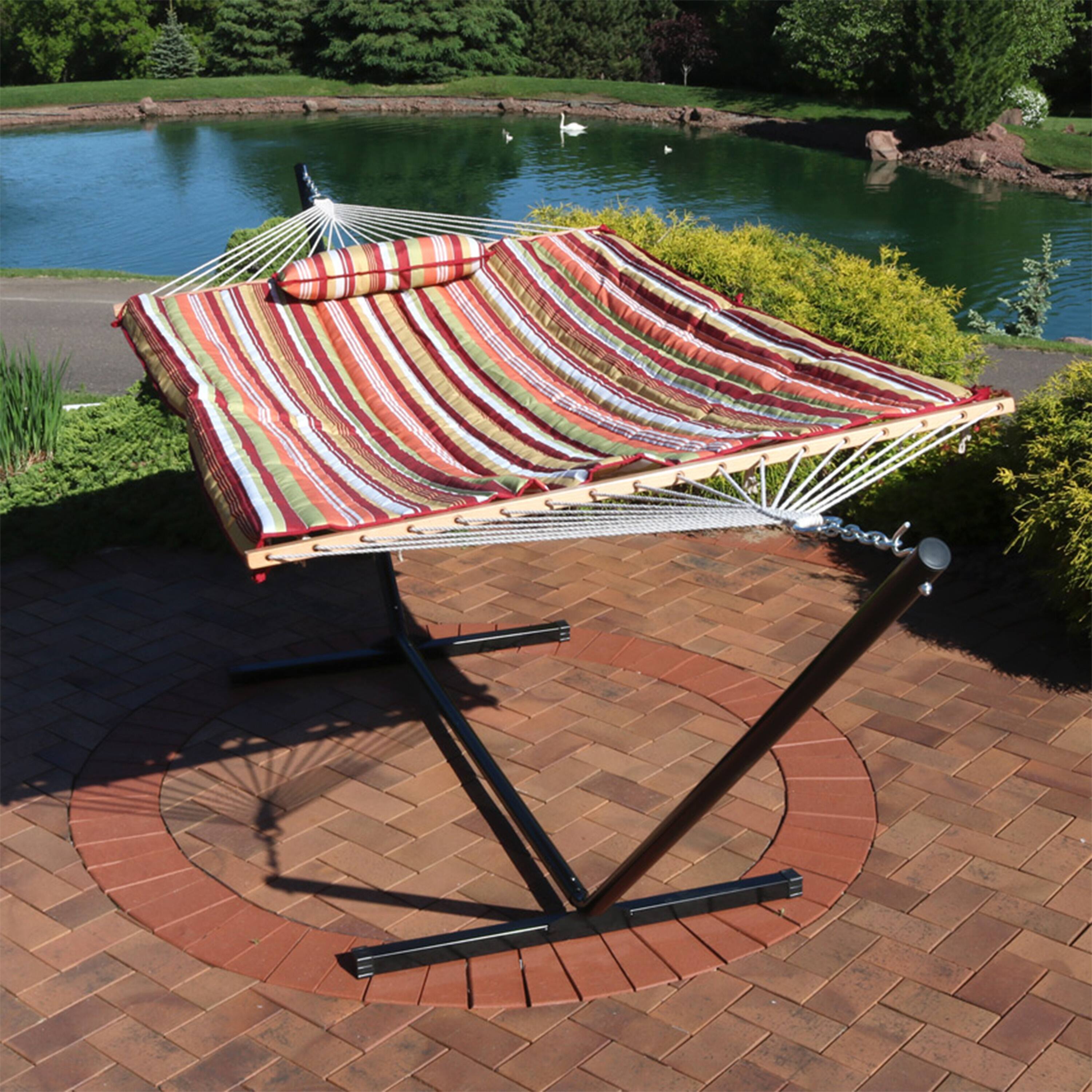 Alt View 5. Sunnydaze - Large Rope Hammock with Steel Stand and Pad/Pillow - Tropical Orange.