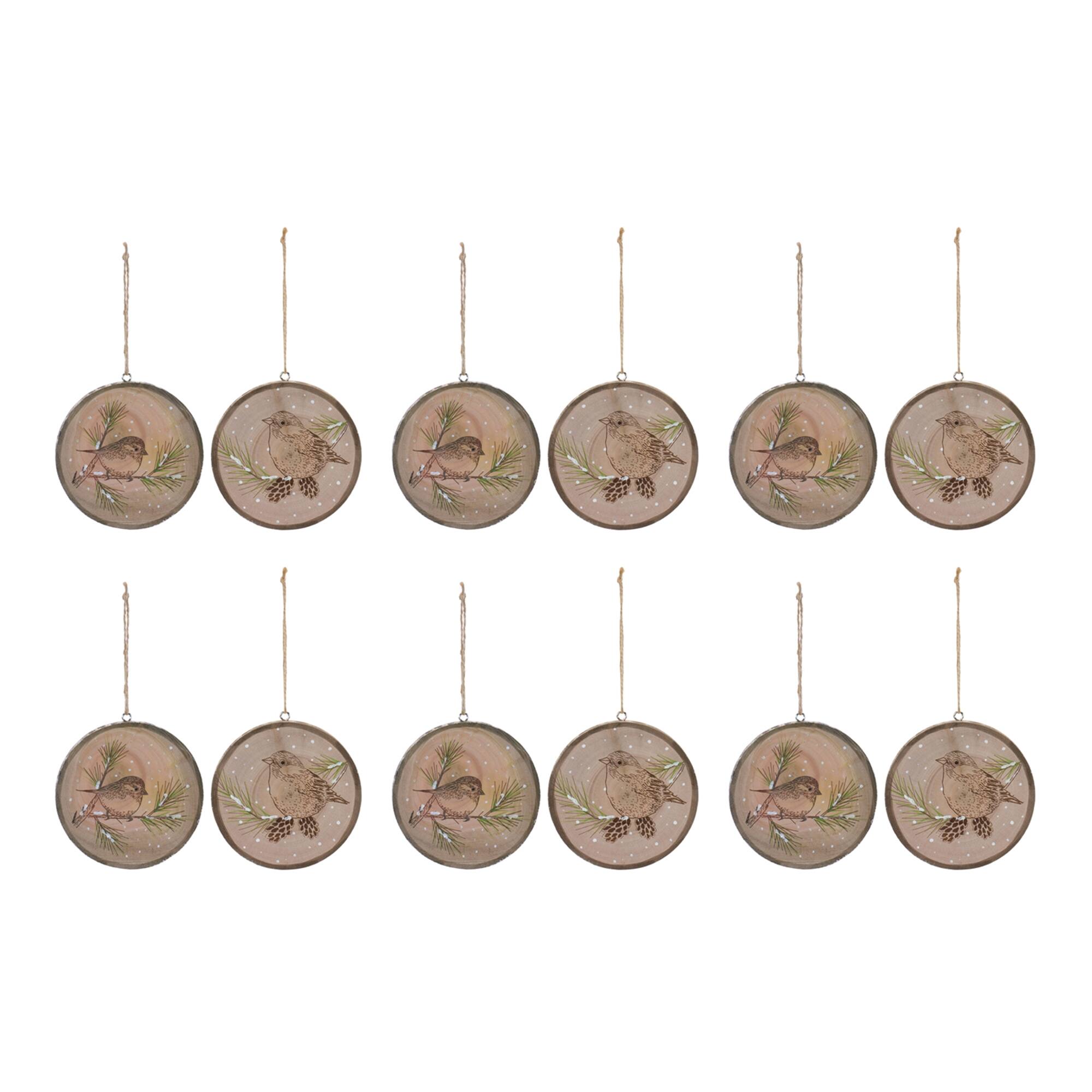Back. BreeBe - Wood Bird Tree Disc Ornament (Set of 12) - Brown.
