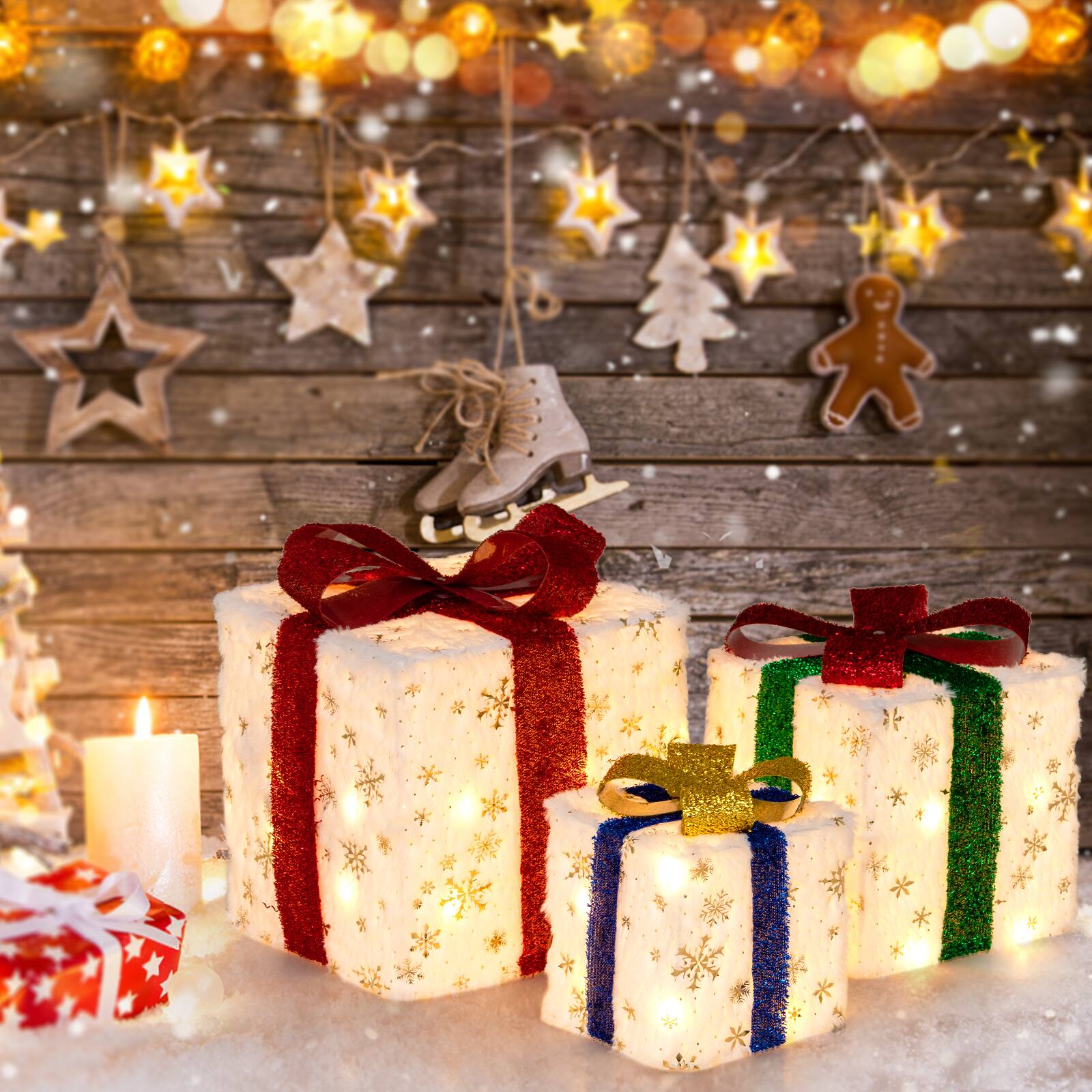 Alt View 1. Costway - Costway Set of 3 Christmas Lighted Gift Boxes Pre-lit Present Decoration with 48 Lights - White/Red/Golden/Green/Blue.