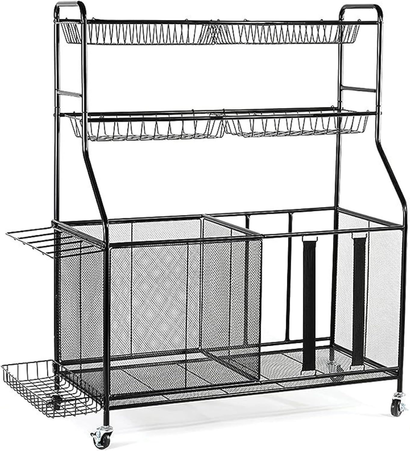 Angle. Home It - Ball Rack Sports Equipment Organizer with Baskets and Wheels, Garage Storage Rack for Balls, Toys, and Fitness Gear - Black.