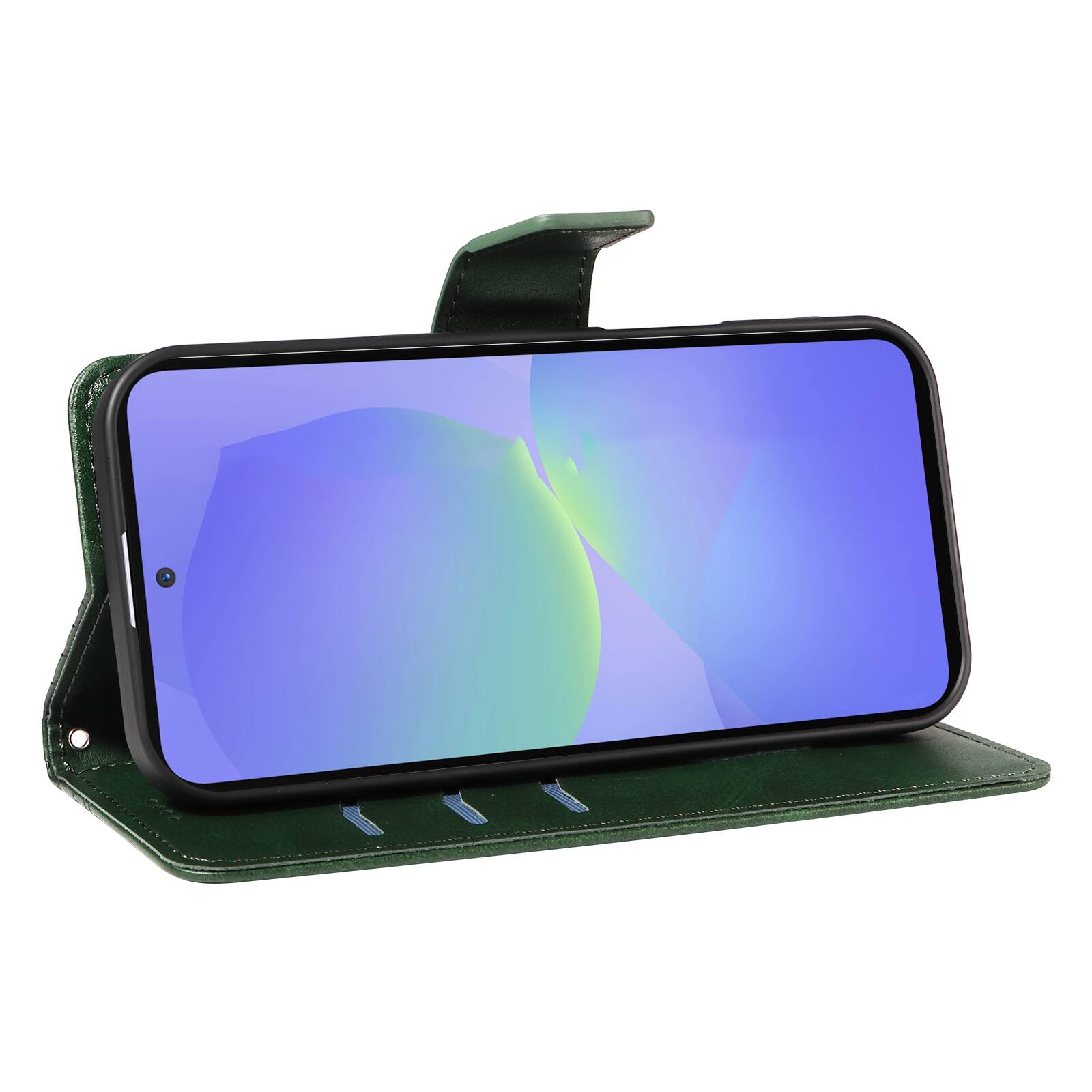Angle. Dteck - For Samsung Galaxy A17 5G Shockproof Leather Folio Kickstand Card Slots Wallet Case with Strap - Darkgreen.