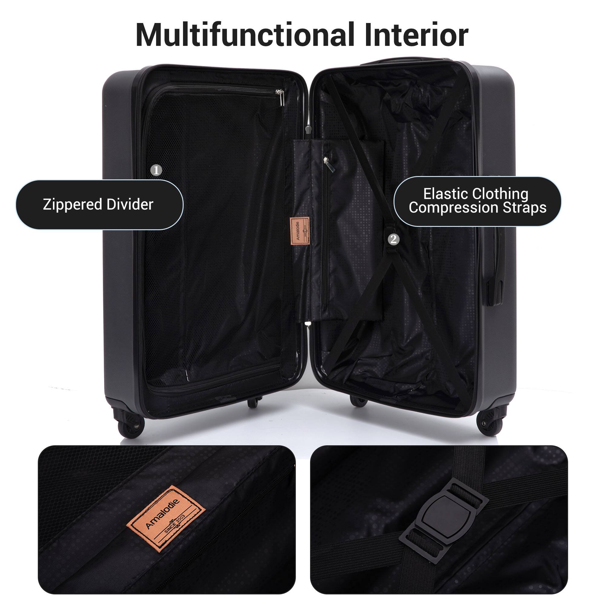 Multifunctional Interior

1. Zippered Divider
2. Elastic Clothing Compression Straps

Amalodie