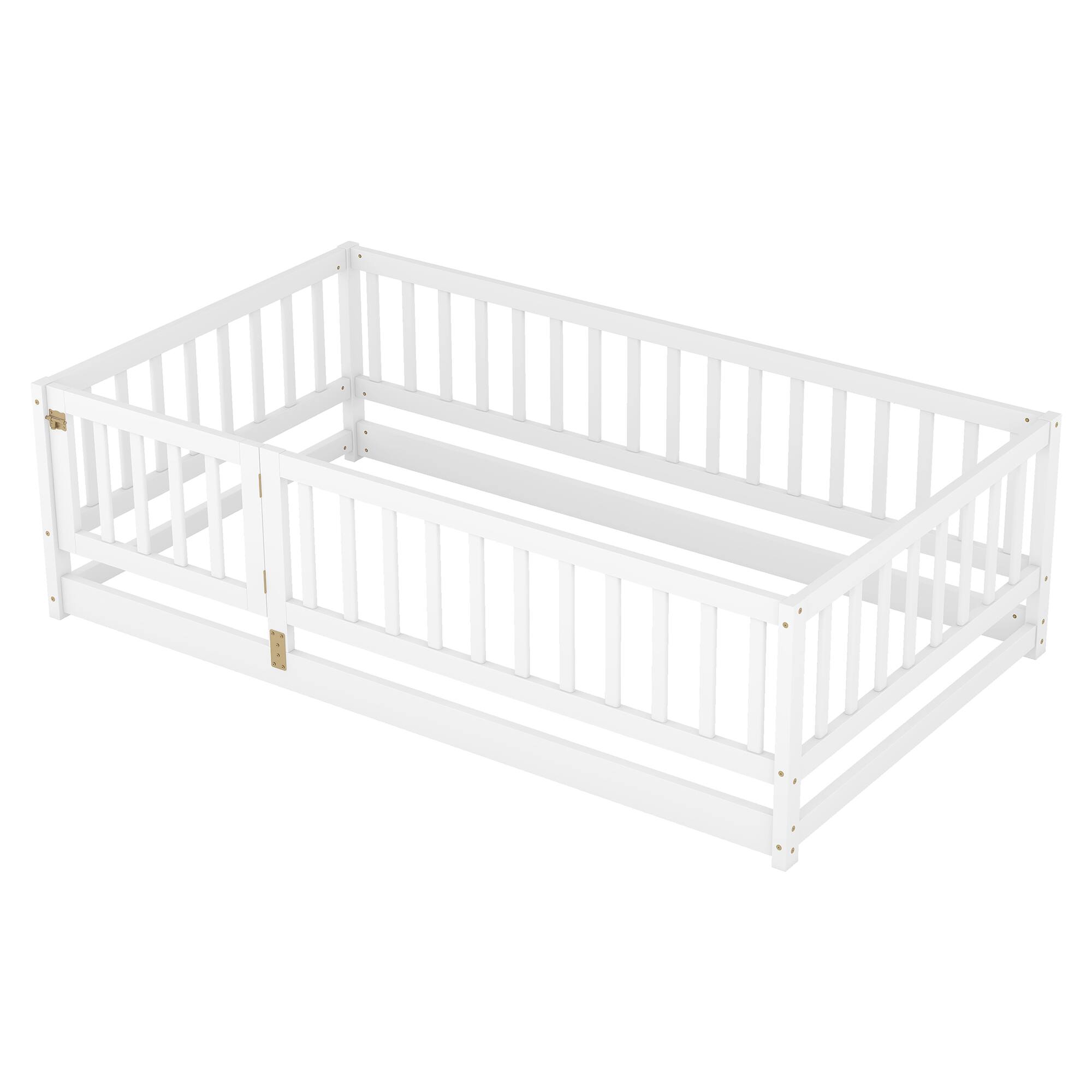 Alt View 6. GOODSILO - Twin Size Montessori Floor Bed with Fence and Door, Wood Bed Frame for Kids, Boys & Girls - White.