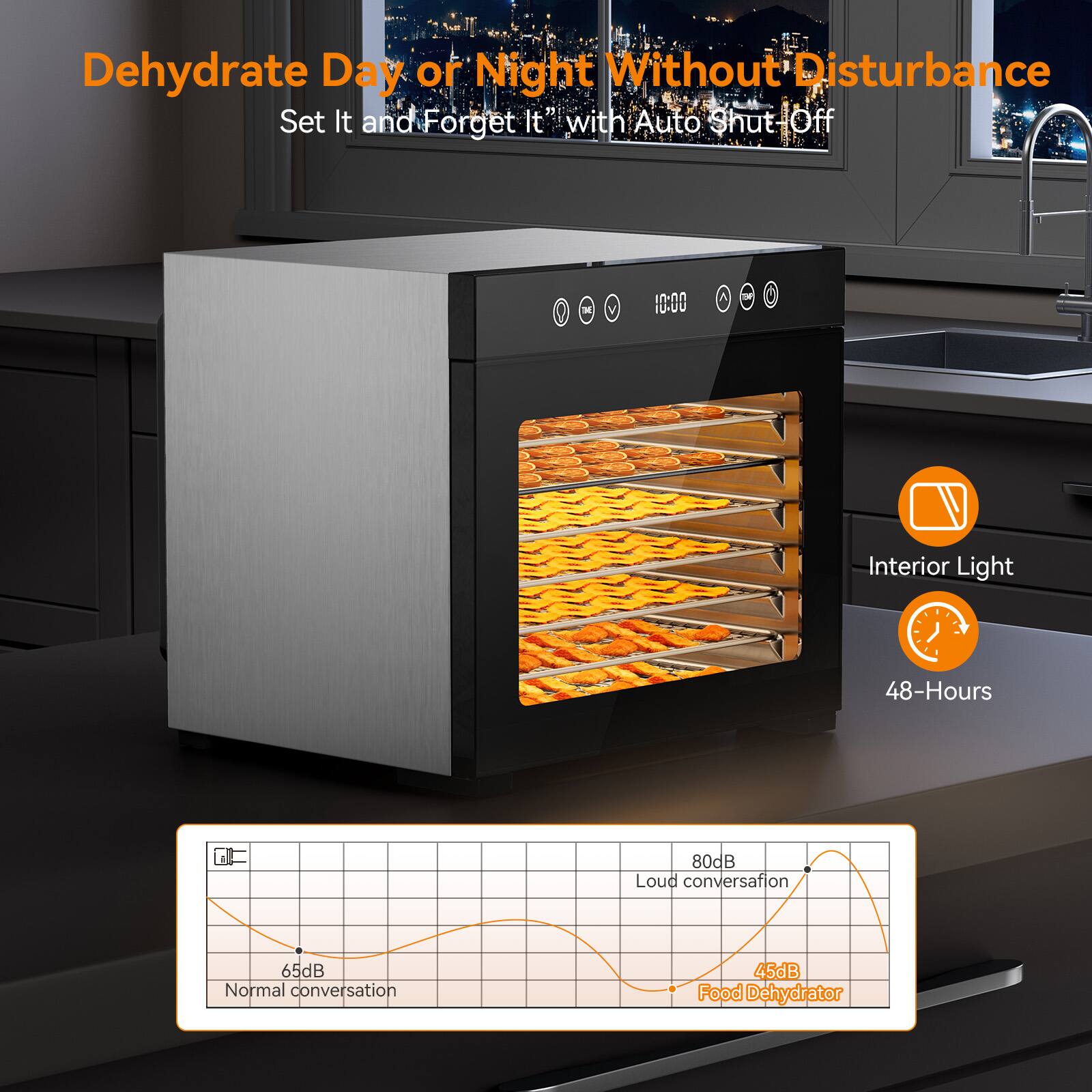 Dehydrate Day or Night Without Disturbance  
Set It and Forget It with Auto Shut Off  

Interior Light  
48-Hours  

80dB Loud conversation  
65dB Normal conversation  
45dB Food Dehydrator