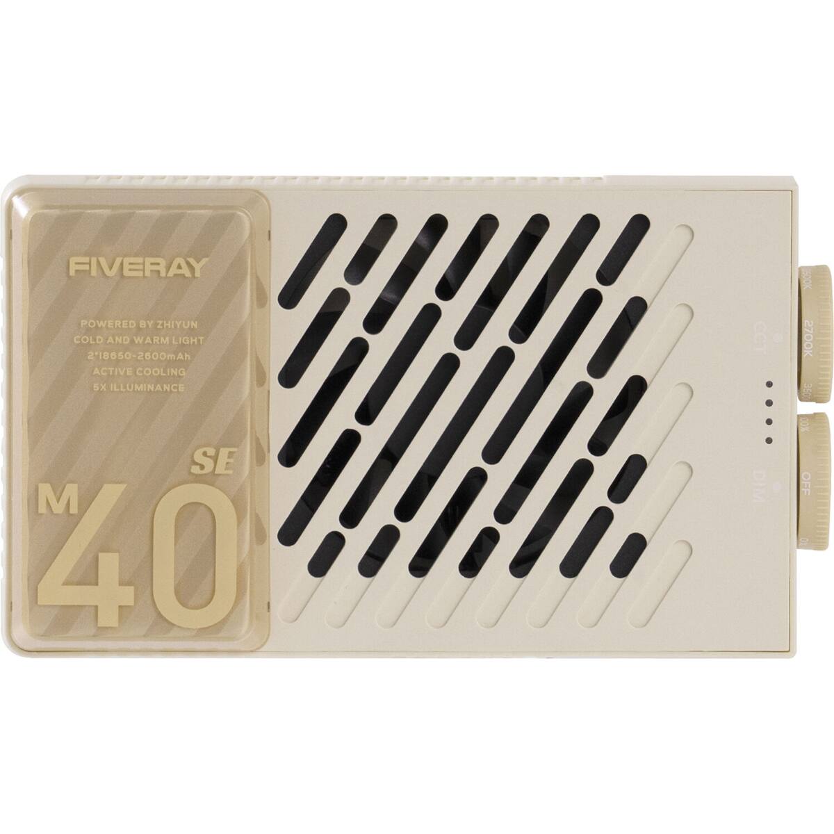 FIVERAY POWERED BY ZHIYUN  
COLD AND WARM LIGHT  
2'18650-2600mAh ACTIVE COOLING  
5X ILLUMINANCE  
SE M 40  
CCT: DIM 2700K 35