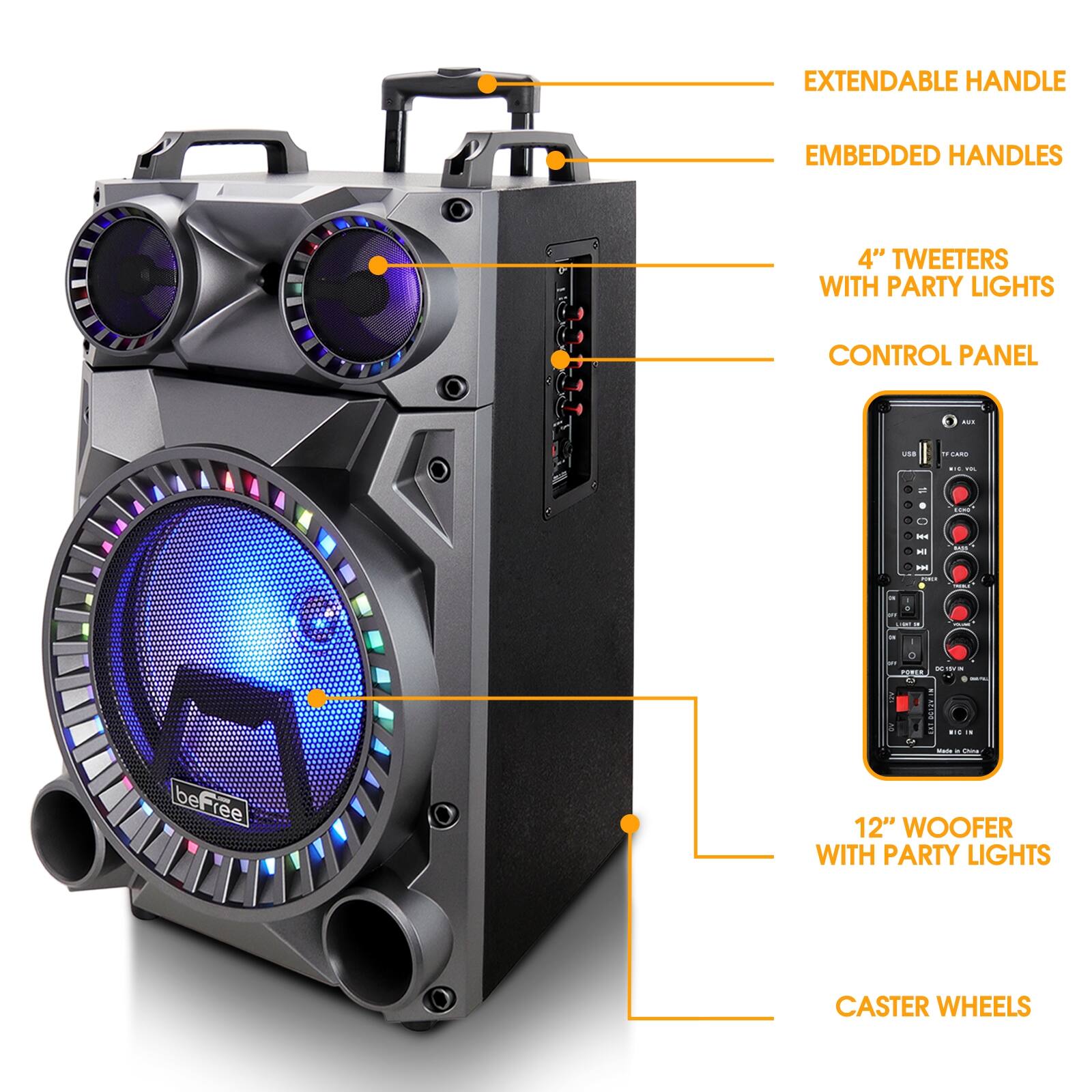 EXTENDABLE HANDLE, EMBEDDED HANDLES, 4" TWEETERS WITH PARTY LIGHTS, CONTROL PANEL, 12" WOOFER WITH PARTY LIGHTS, CASTER WHEELS