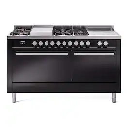 ILVE - Professional Plus II Series 60 in. Dual Fuel Range with 7 Sealed Burners + Griddle (Liquid Propane, Satin Trim) - Glossy Black