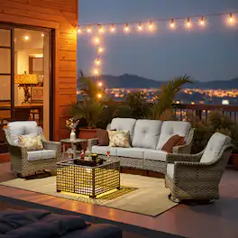 Ovios - 5 PCS Outdoor Patio Furniture Set with High-Back Wicker Sofa, Swivel Rocking Chairs and Coffee Table - Gray