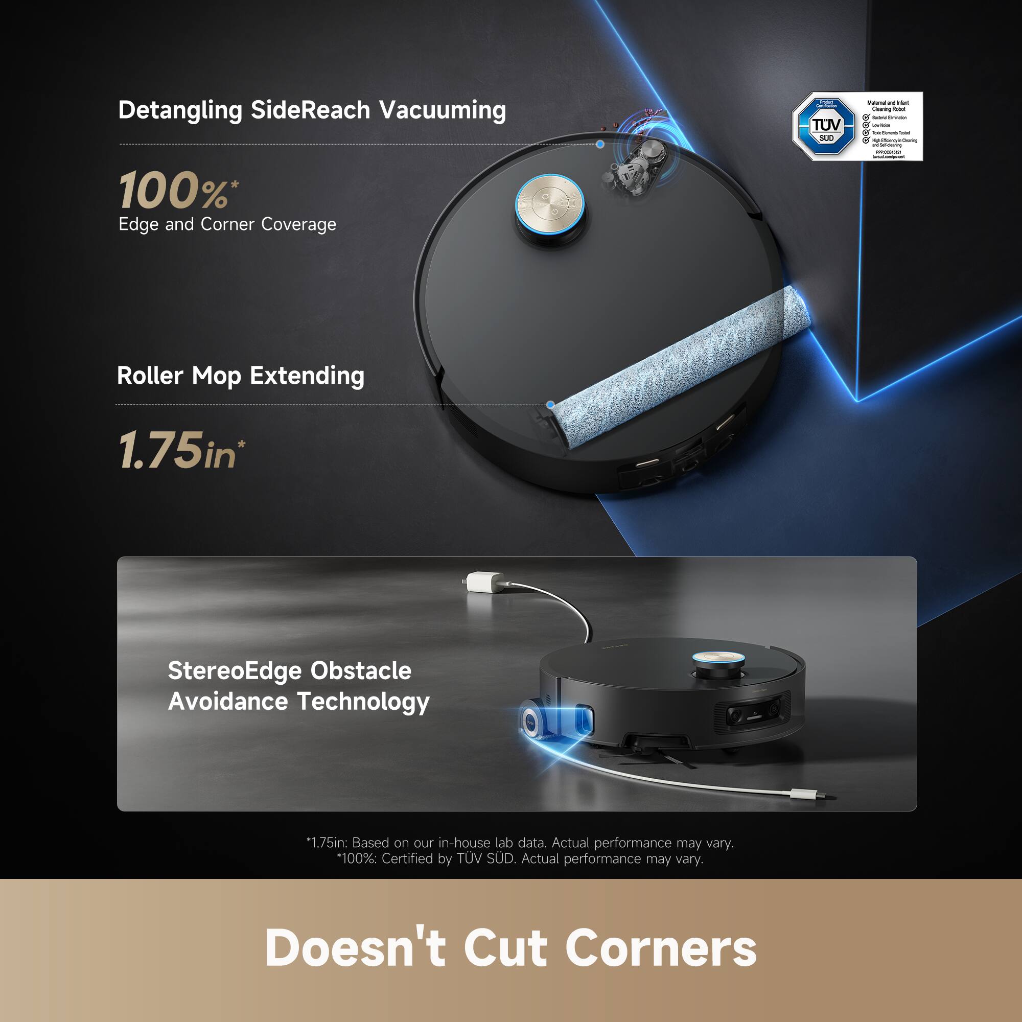 Detangling SideReach Vacuuming  
100%* Edge and Corner Coverage  

Roller Mop Extending  
1.75in*  

StereoEdge Obstacle Avoidance Technology  

*1.75in: Based on our in-house lab data. Actual performance may vary.  
*100%: Certified by TÜV SÜD. Actual performance may vary.  

Doesn't Cut Corners