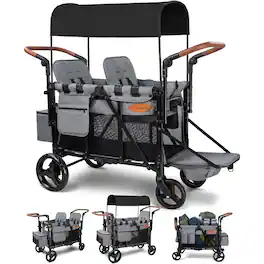 Wisairt - 2-Seater Wagon Stroller for Kids, 5-Mode Stroller Wagon with Canopy, 5-Point Harness, Push & Pull Handles - Gray
