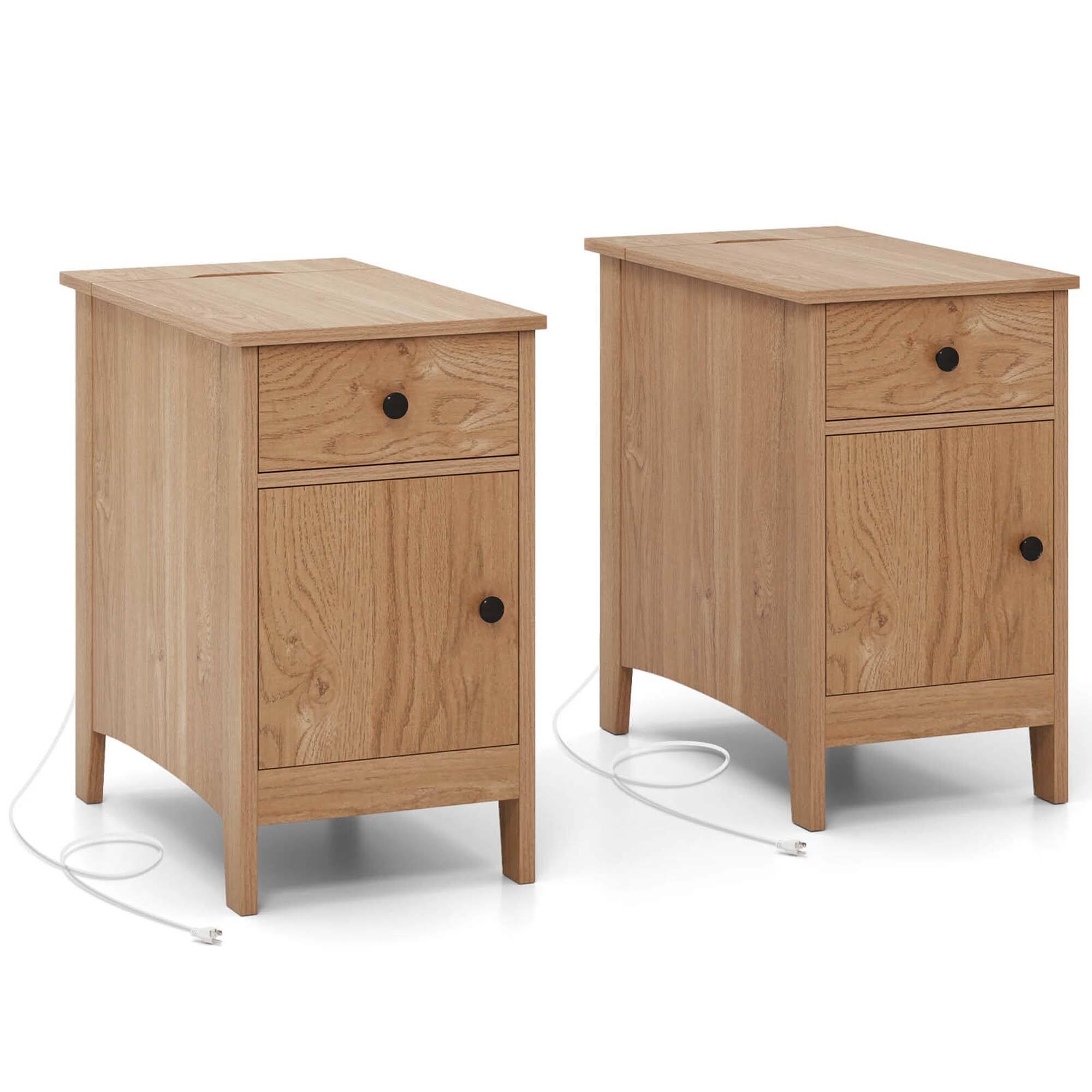 Alt View 7. Costway - 2 PCS End Table with Charging Station Flip Top Bedside Table with USB Ports & Outlets - Natural.