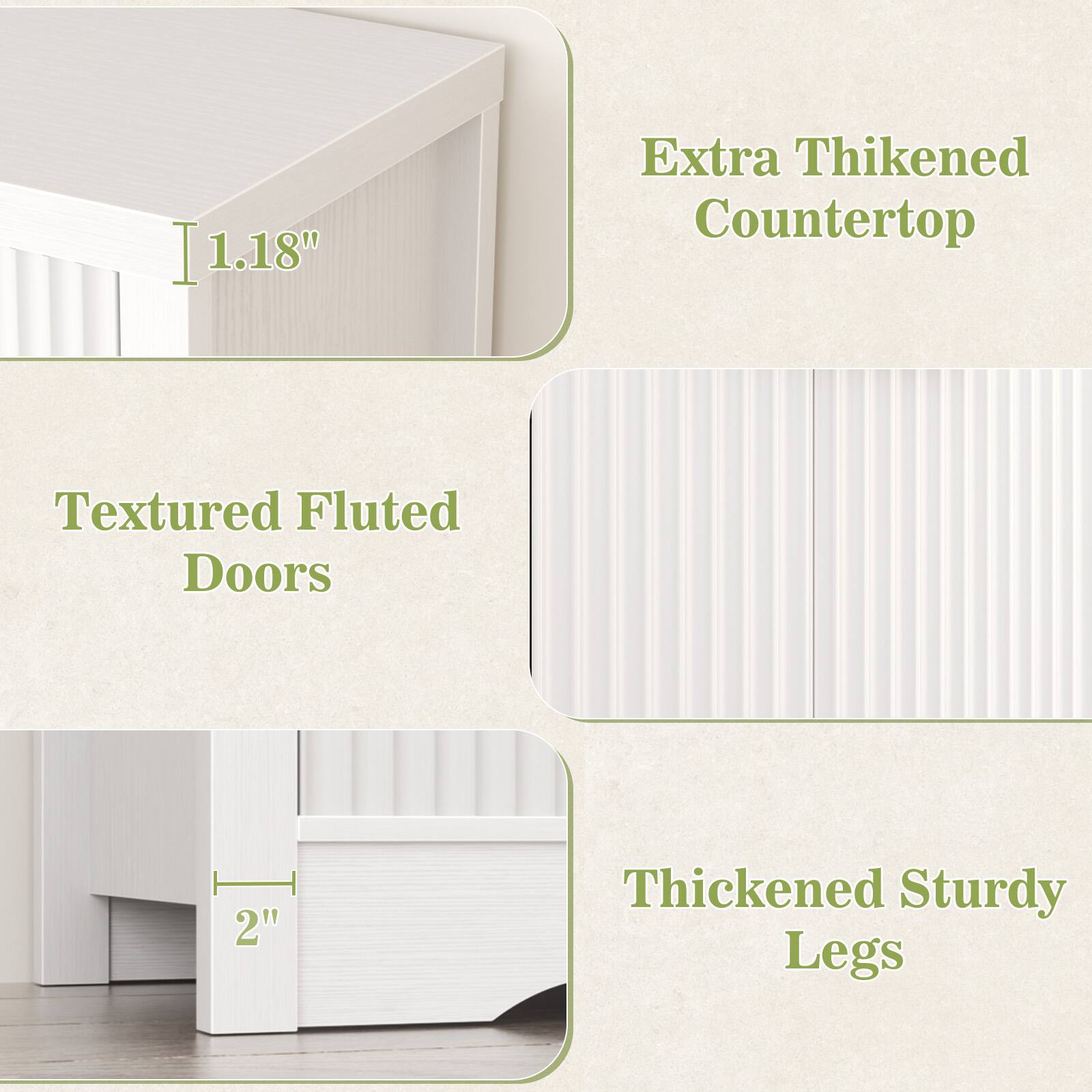 1.18" Extra Thickened Countertop Textured Fluted Doors 2" Thickened Sturdy Legs