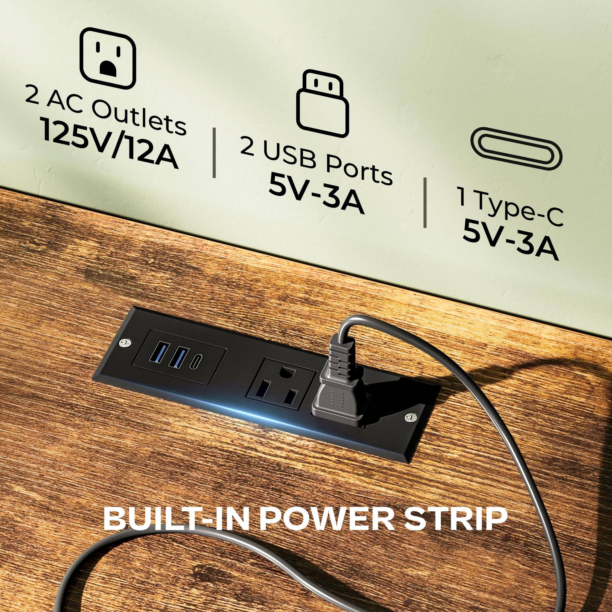 2 AC Outlets  
125V/12A  

2 USB Ports  
5V-3A  

1 Type-C  
5V-3A  

BUILT-IN POWER STRIP