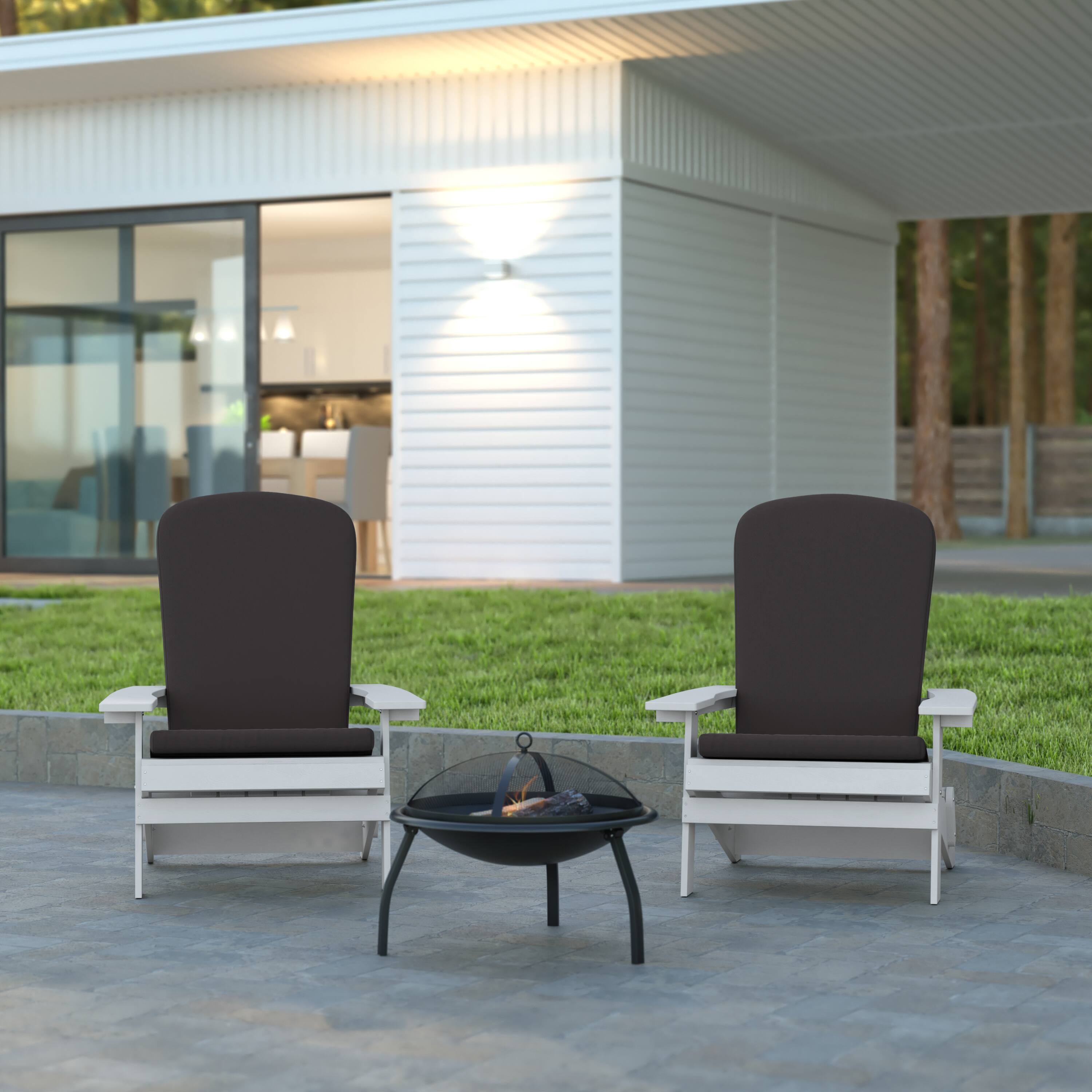 Alt View 2. Emma + Oliver - Haven Set of Two All-Weather Poly Resin Folding Adirondack Chairs for Indoor/Outdoor Use - Gray Cushions/White Frame.