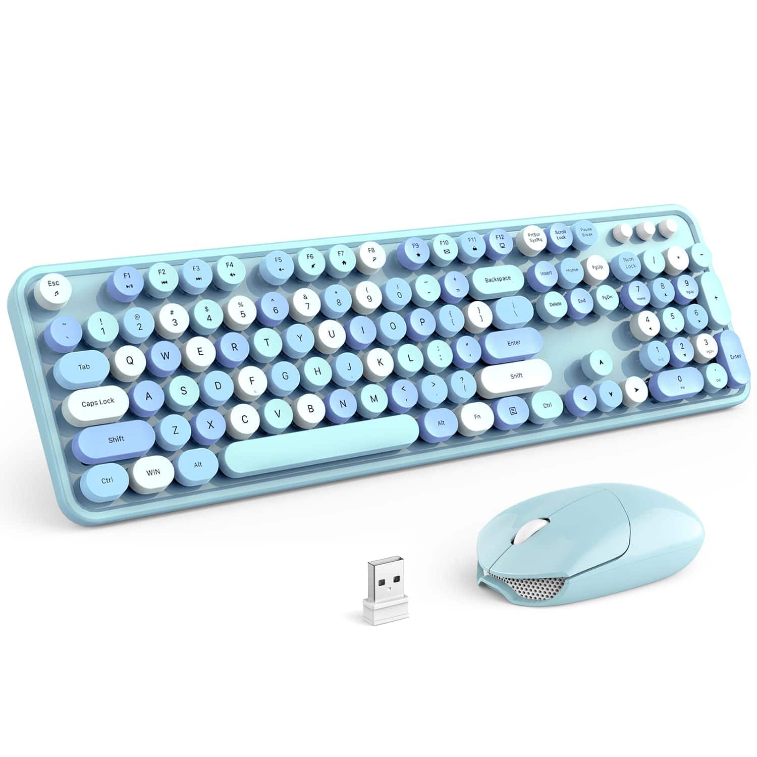 Cozy Serene - Wireless And Mouse Combo - Lovely Green Rainbow Full-sized Typewriter Colorful Keyboards Round Keycap Usb Plug Play - B_blue colorful