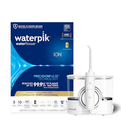 1 WATER FLOSSER BRAND ADA RECOMMENDED BY DENTAL PROFESSIONALS
Accepted American Dental Association
QUIET PULSE waterpik
QUIETPULSE Technology
waterflosser
Rechargeable ION
PRECISIONPULSE TECHNOLOGY REMOVES UP TO 99.9% BACTERIA from treated areas
compact + customizable clean + rechargeable + QUIETPULSE technology
5 10 360 4 QUIET PULSE 90 TIPS INTENSITY ONE HANDED TIP REACHES WHOLE MOUTH RECHARGEABLE ADVANCED MAGNETIC NO OUTLET 90 SEC CAPACITY NOISE-CONTROL CRADLE REQUIRED OF AN REACHES OF DURING USE CARD WHOLE MOUTH I WATER FLOSSER 5 TIPS CHARGING CABLE
1 waterpik