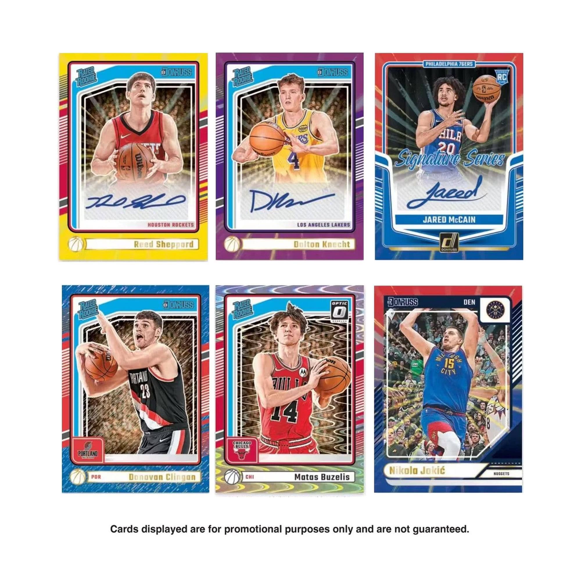 Sure, here is the corrected and grouped text from the image:

---

**Top Row:**

- **Houston Rockets**
  - Reed Sheppard

- **Los Angeles Lakers**
  - Delton Knecht

- **Philadelphia 76ers**
  - Jared McCain

**Bottom Row:**

- **Portland Trail Blazers**
  - Donovan Clinegan

- **Chicago Bulls**
  - Matas Buzelis

- **Denver Nuggets**
  - Nikola Jokić

**Additional Text:**

- "Cards displayed are for promotional purposes only and are not guaranteed."

---

This text is organized by the teams and players featured on the cards.