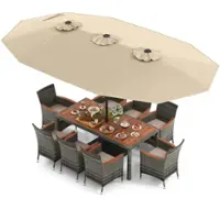 Costway 10 Pieces Patio Wicker Dining Set with Double-Sided Patio Umbrella 8 Armchairs - Beige,,Mix Brown - Front_Zoom