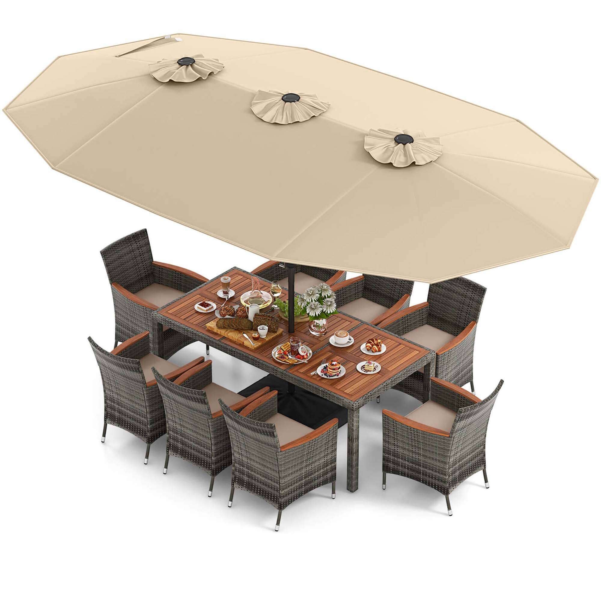 Costway - 10 Pieces Patio Wicker Dining Set with Double-Sided Patio Umbrella 8 Armchairs - Beige,,Mix Brown