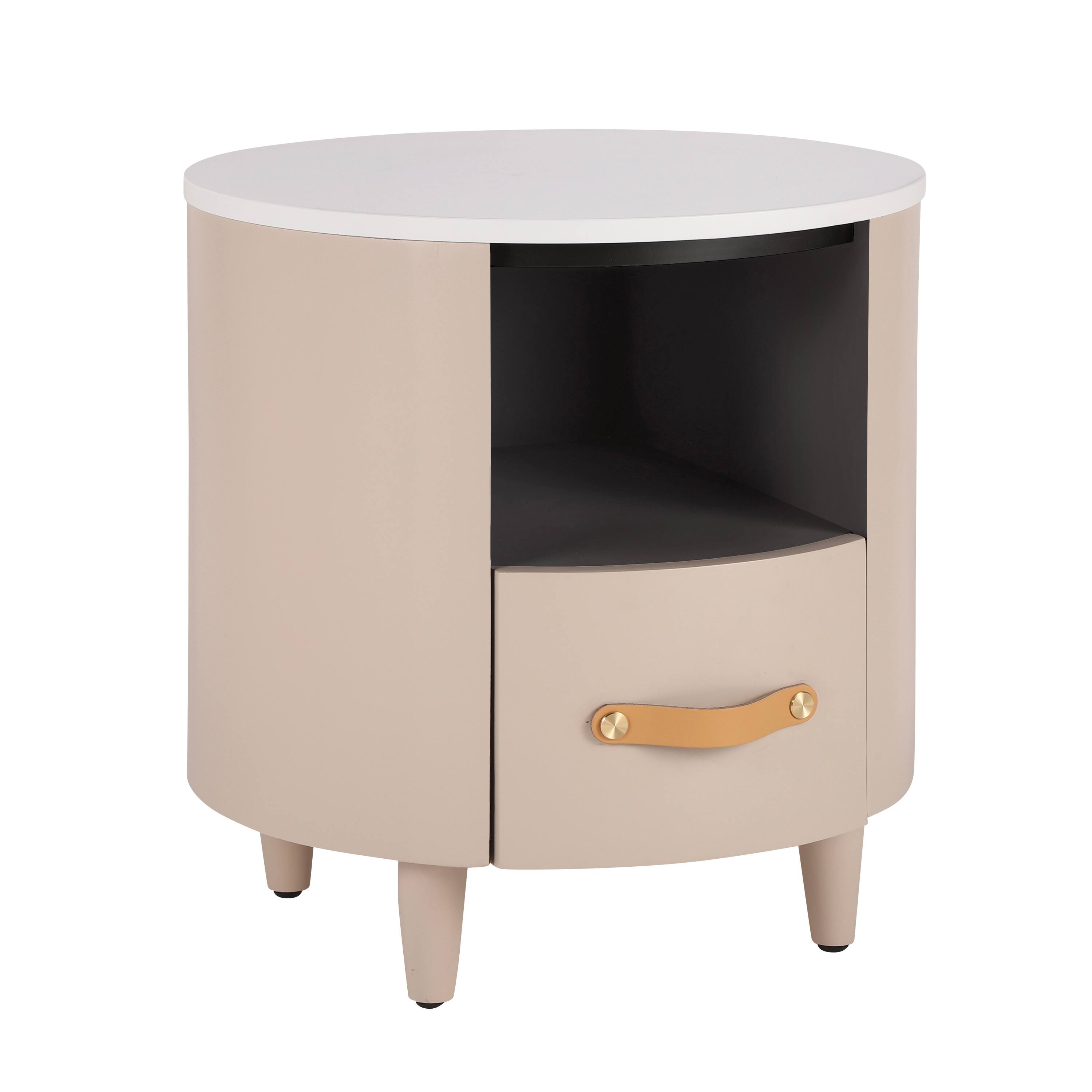 Front. Spaco - Spaco Modern Round Bedside Table - Storage Drawer, Open Shelf - Ideal for Living & Bedroom with Easy Assembly - khaki.