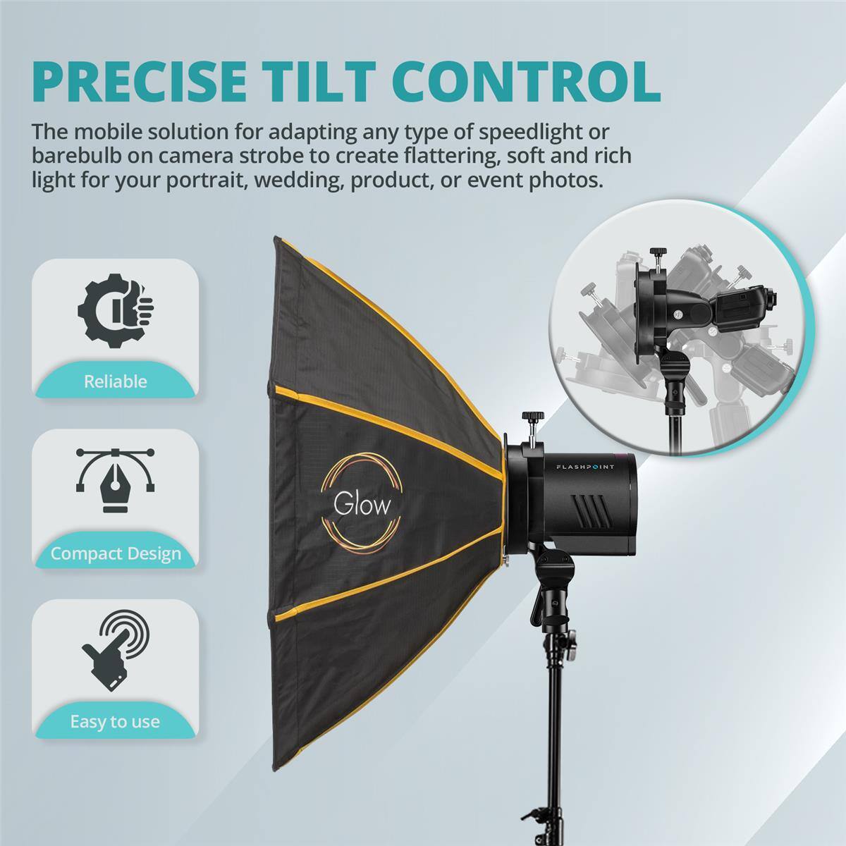 PRECISE TILT CONTROL

The mobile solution for adapting any type of speedlight or barebulb on camera strobe to create flattering, soft and rich light for your portrait, wedding, product, or event photos.

- Reliable
- Compact Design
- Easy to use