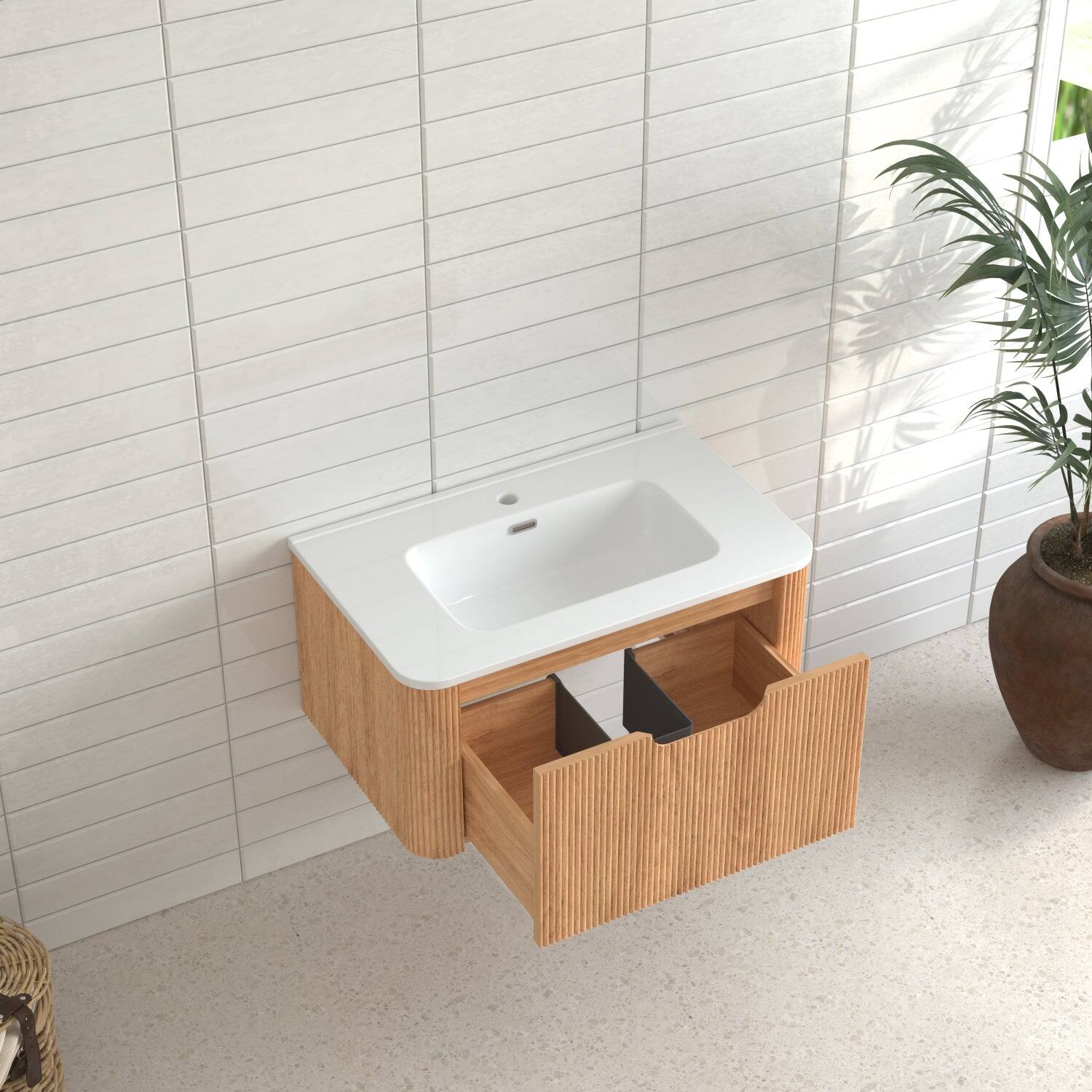 Alt View 9. Boyel Living - 30 in Wall-Mounted Bathroom Vanity Pre-Assembled Cabinet in Natural Walnut with Ceramic Basin Soft-Close Drawer - Natural Walnut.